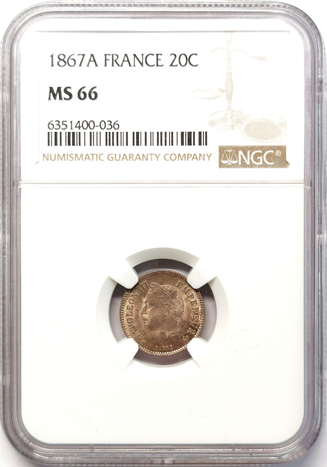 凡希社世界钱币微拍第二百六十三期 1867法国拿三20生丁银辅币NGC-MS66高分！