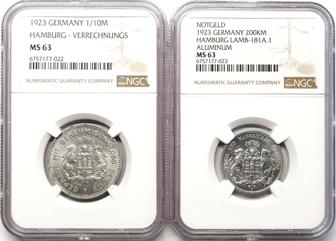 凡希社世界钱币微拍第二百六十三期 1923德紧汉堡1/10协议马克与200000马克铝币一对NGC-MS63