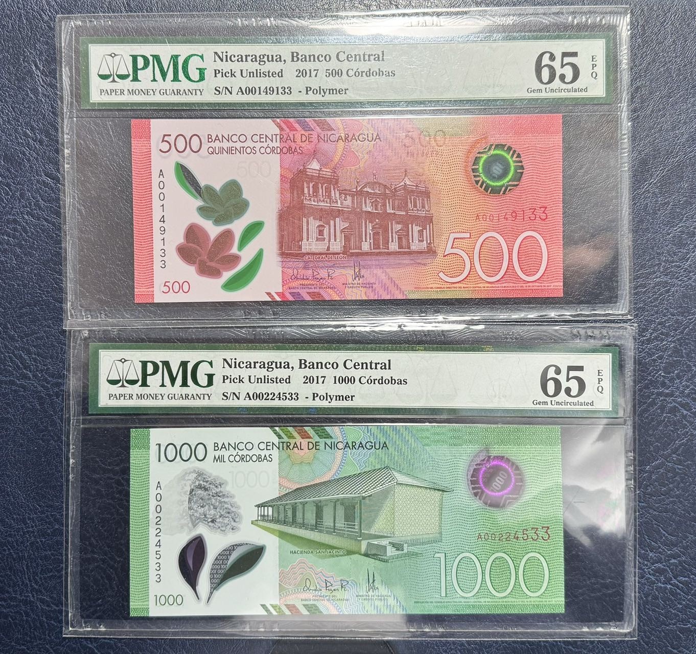 收藏联盟Quantum Auction 第331期拍卖  尼加拉瓜2017年500和1000科多巴 PMG65 尾二同 首发A序列