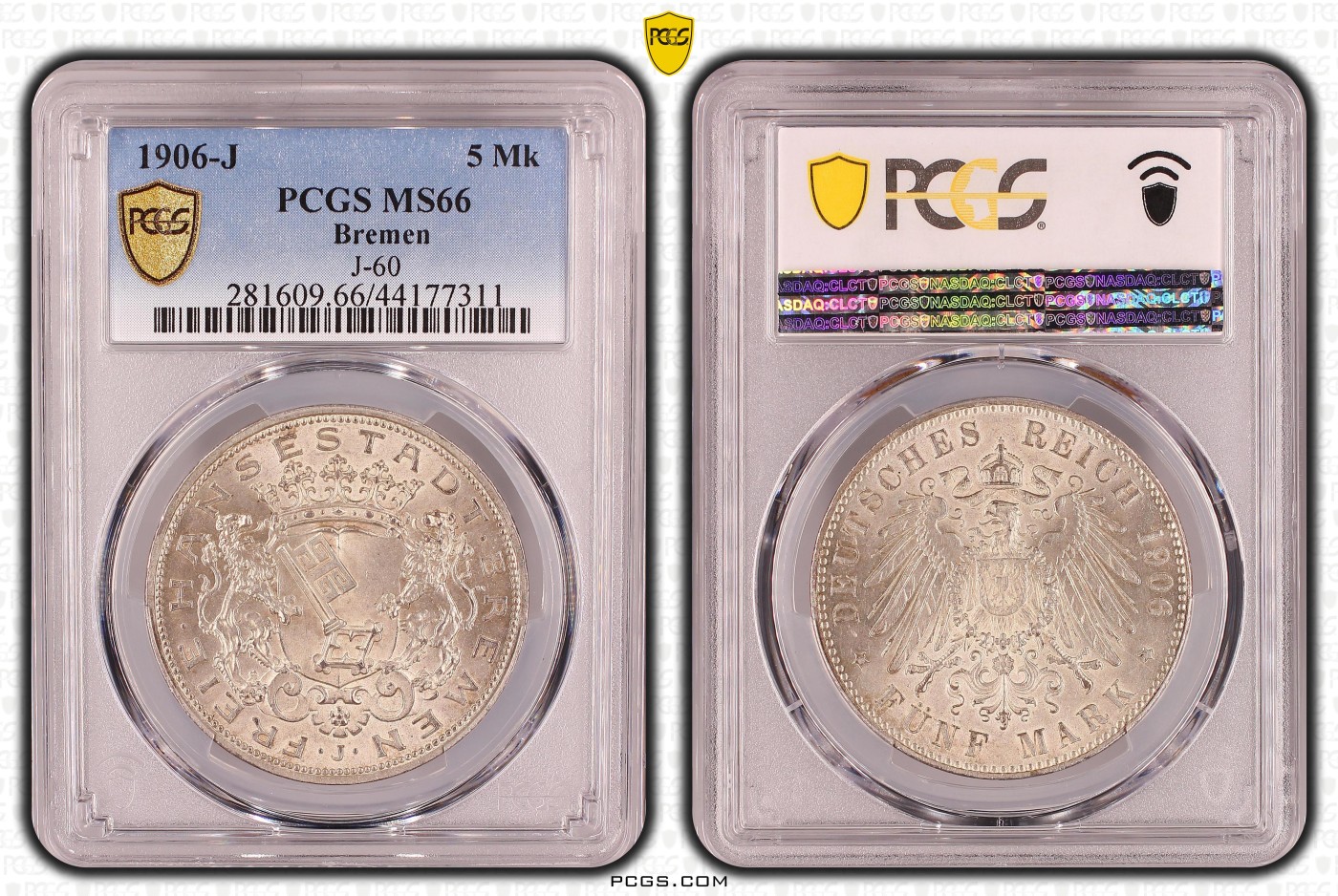 PCGS-MS66德国1906年不莱梅自由市5马克银币