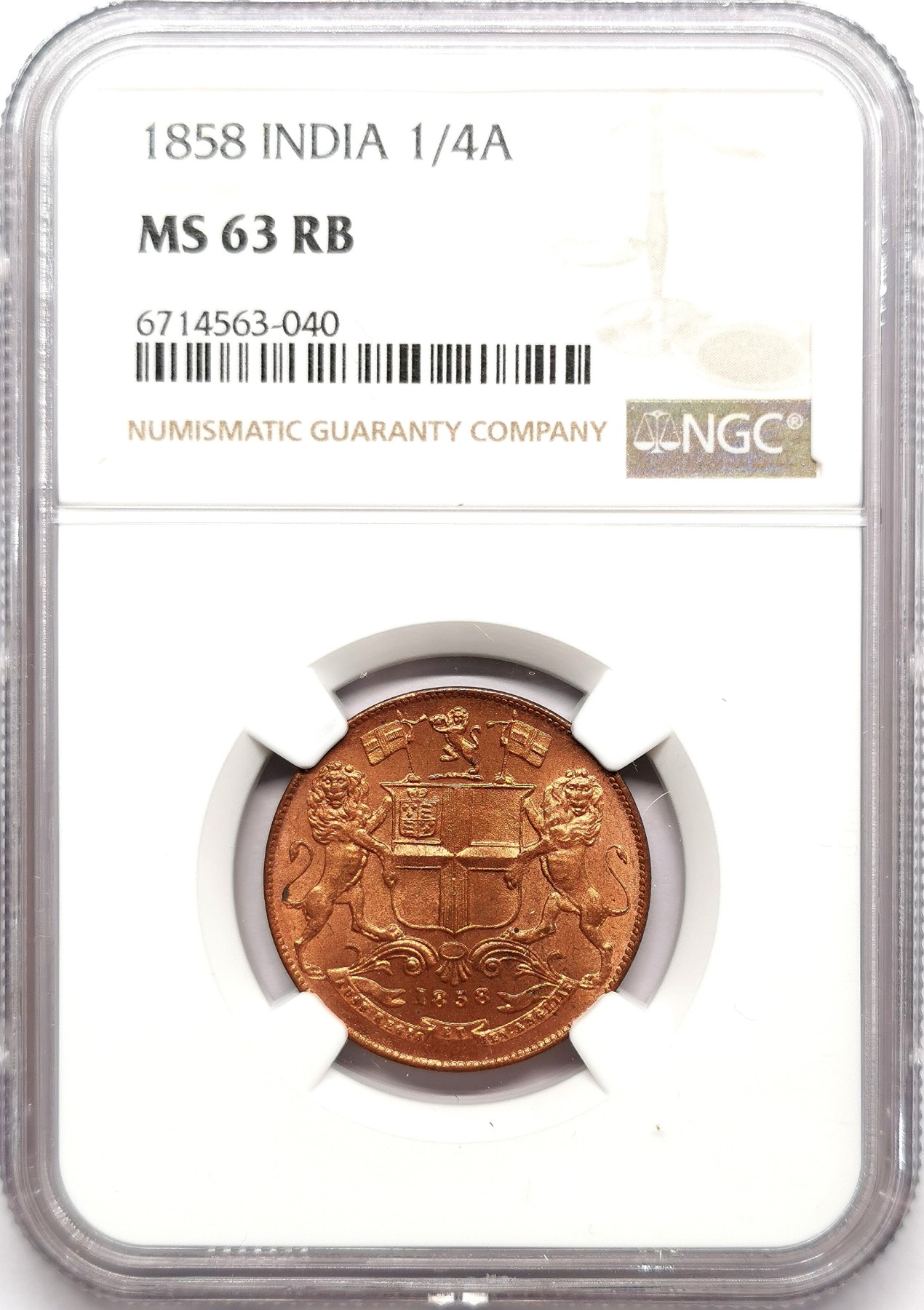 凡希社世界钱币微拍第二百六十三期 1858东印度公司1/4安那铜币NGC-MS63原铜光漂亮！