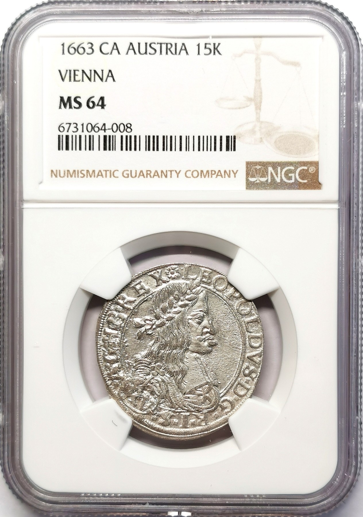 凡希社世界钱币微拍第二百六十三期 荐！1663神罗利奥波德15克鲁泽银辅币NGC-MS64 维也纳厂，原色银光罕见品相，N冠军分！