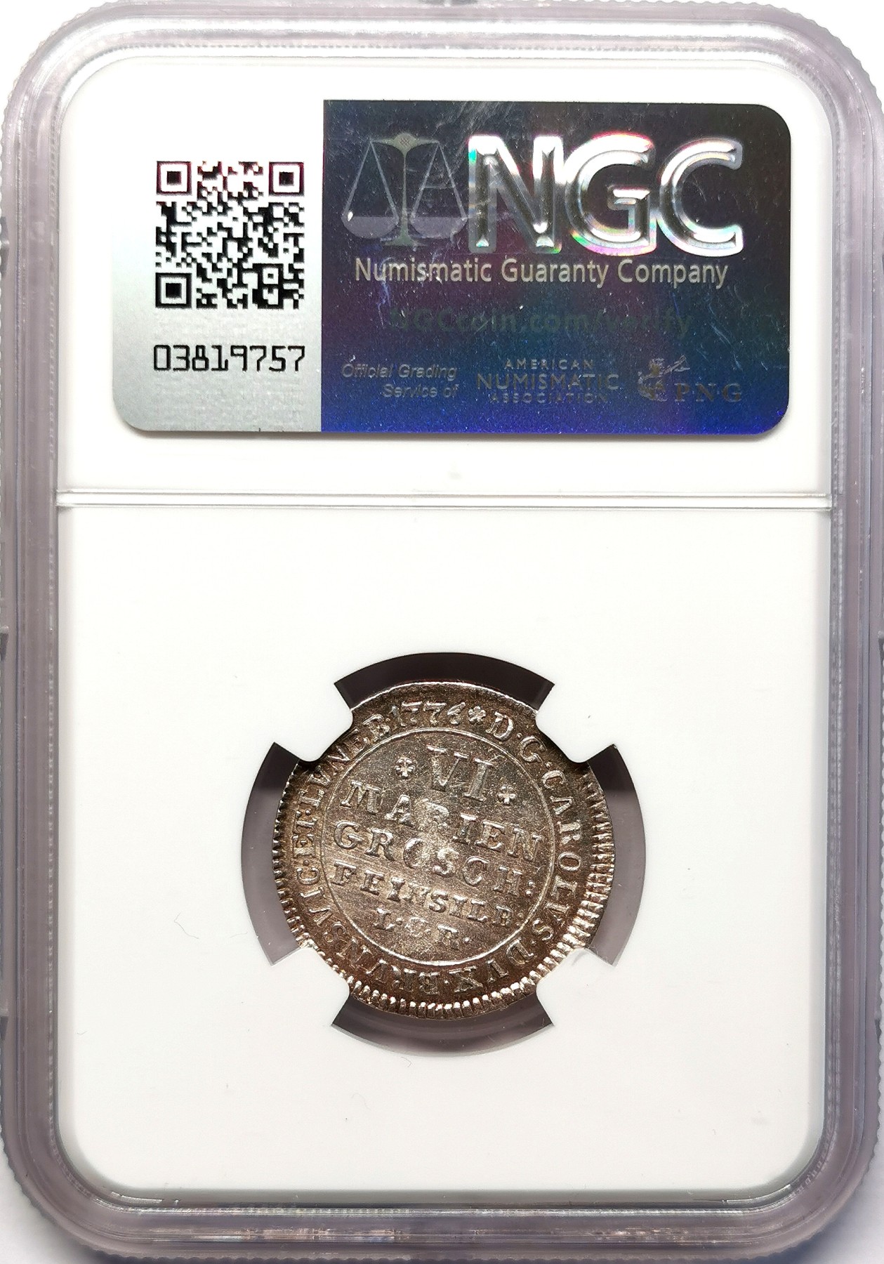 凡希社世界钱币微拍第二百六十三期 1776布伦瑞克-沃芬伯特小野人6Mariengroschen银辅币NGC-MS63，MS品相十分难得！