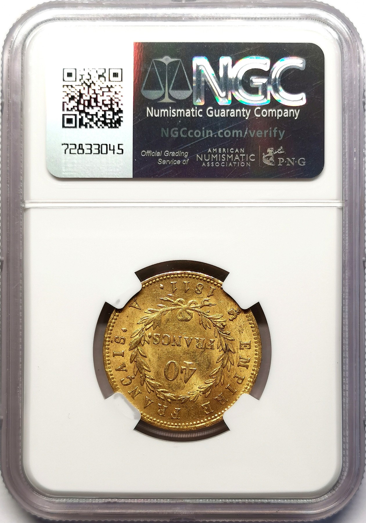 凡希社世界钱币微拍第二百六十三期 荐！1811A法国拿破仑桂冠像40法郎金币NGC-MS62 金色明亮，无弱打无减重痕！12.903g，900金