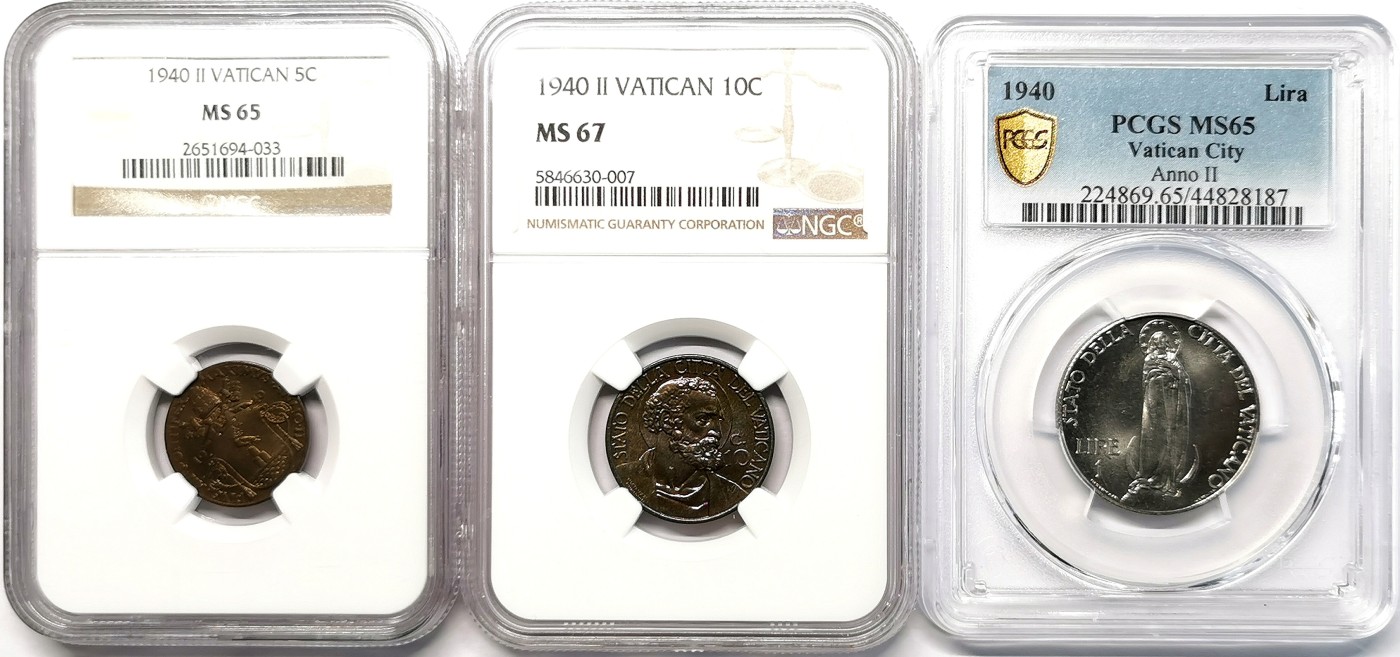 凡希社世界钱币微拍第二百六十三期 1940梵蒂冈5C/10C/LIRA二铜一镍N/P高分顶级品！
