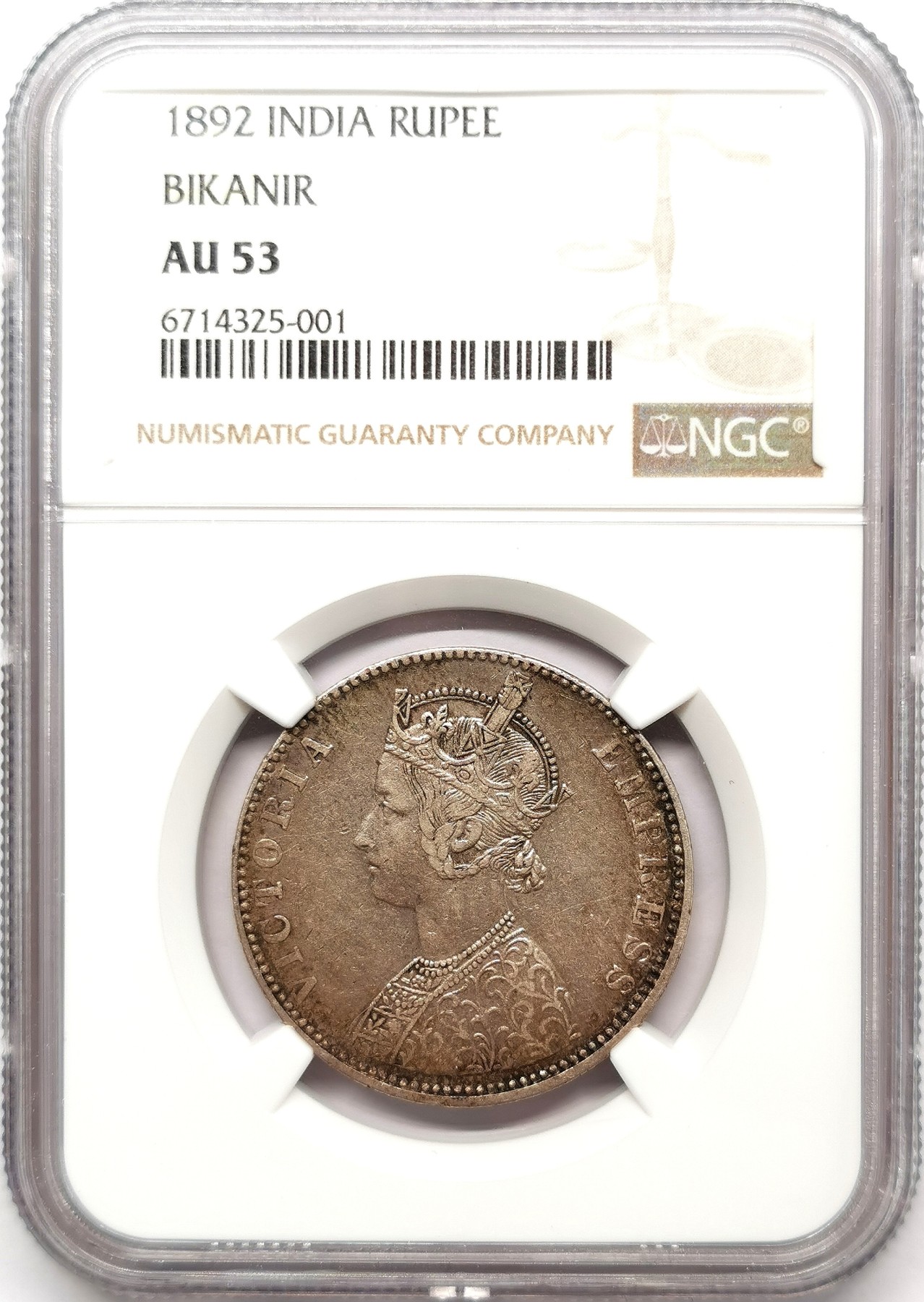 凡希社世界钱币微拍第二百六十三期 1892印度比卡内尔邦小维像卢比NGC-AU53