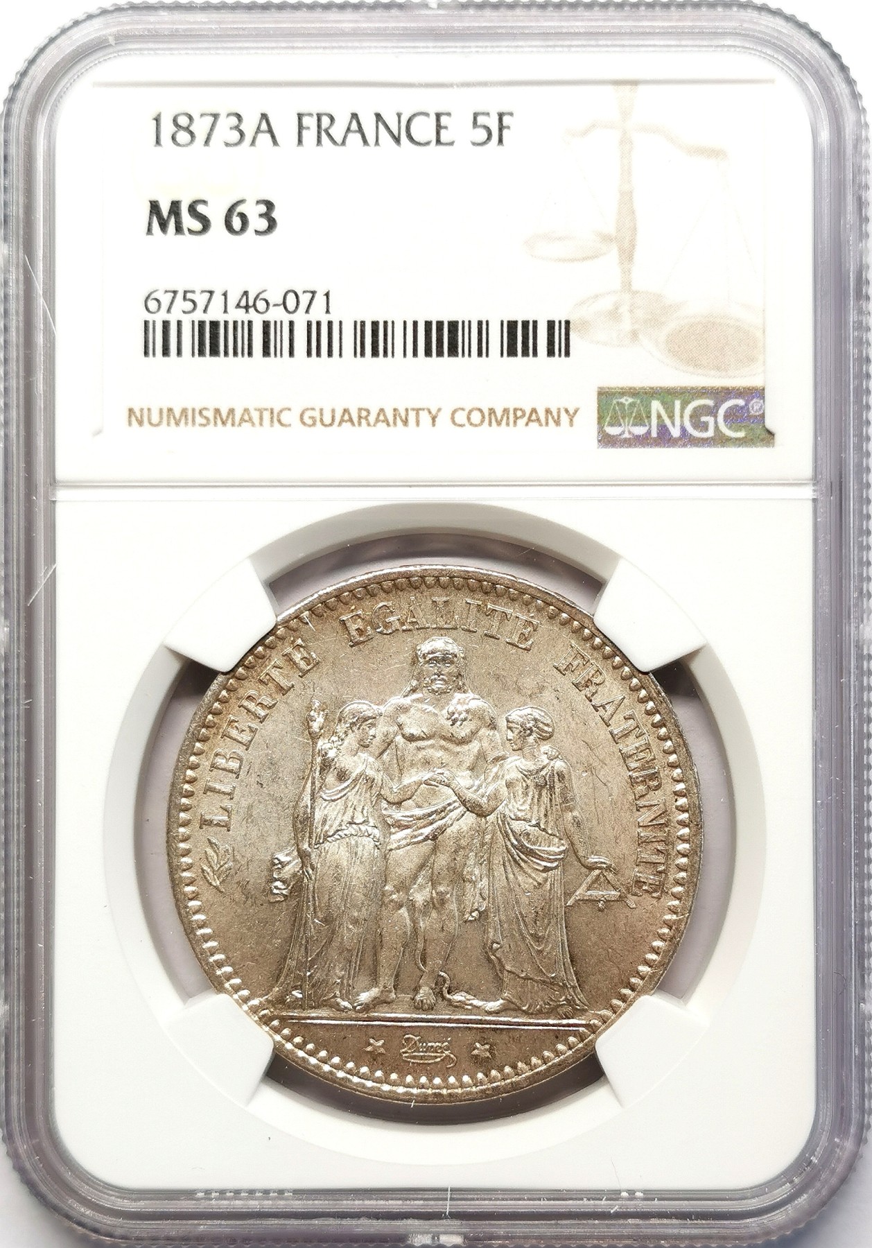 凡希社世界钱币微拍第二百六十三期 1873A法国大力神5法郎大银NGC-MS63