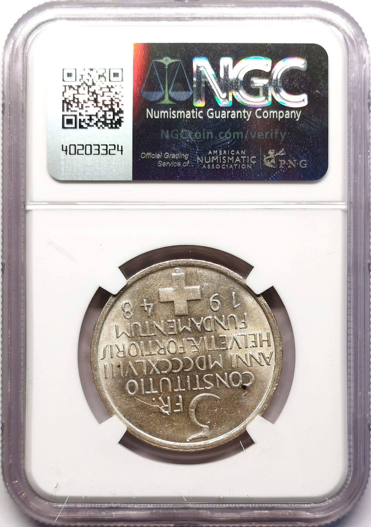 凡希社世界钱币微拍第二百六十三期 1948瑞士联邦宪法百年纪念5法郎NGC-MS63