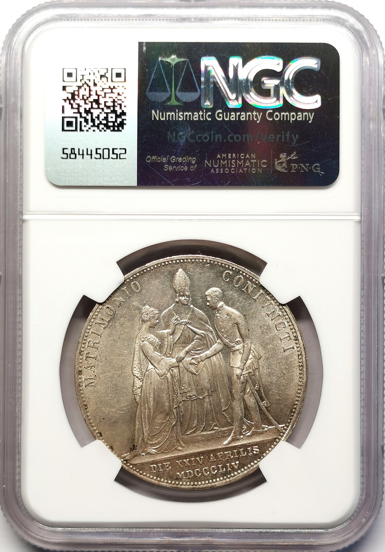 凡希社世界钱币微拍第二百六十三期 荐！1854奥地利皇室婚礼佛朗茨与茜茜公主2古尔登大银NGC-MS62 略低评，实物上手更赞！请参考视频。 