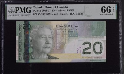 🐉甜小邱世界纸币收藏🐉💐第107期🐲 - 无347狮子号5555  PMG66 加拿大 20元 IBNS获奖钞 2004初版