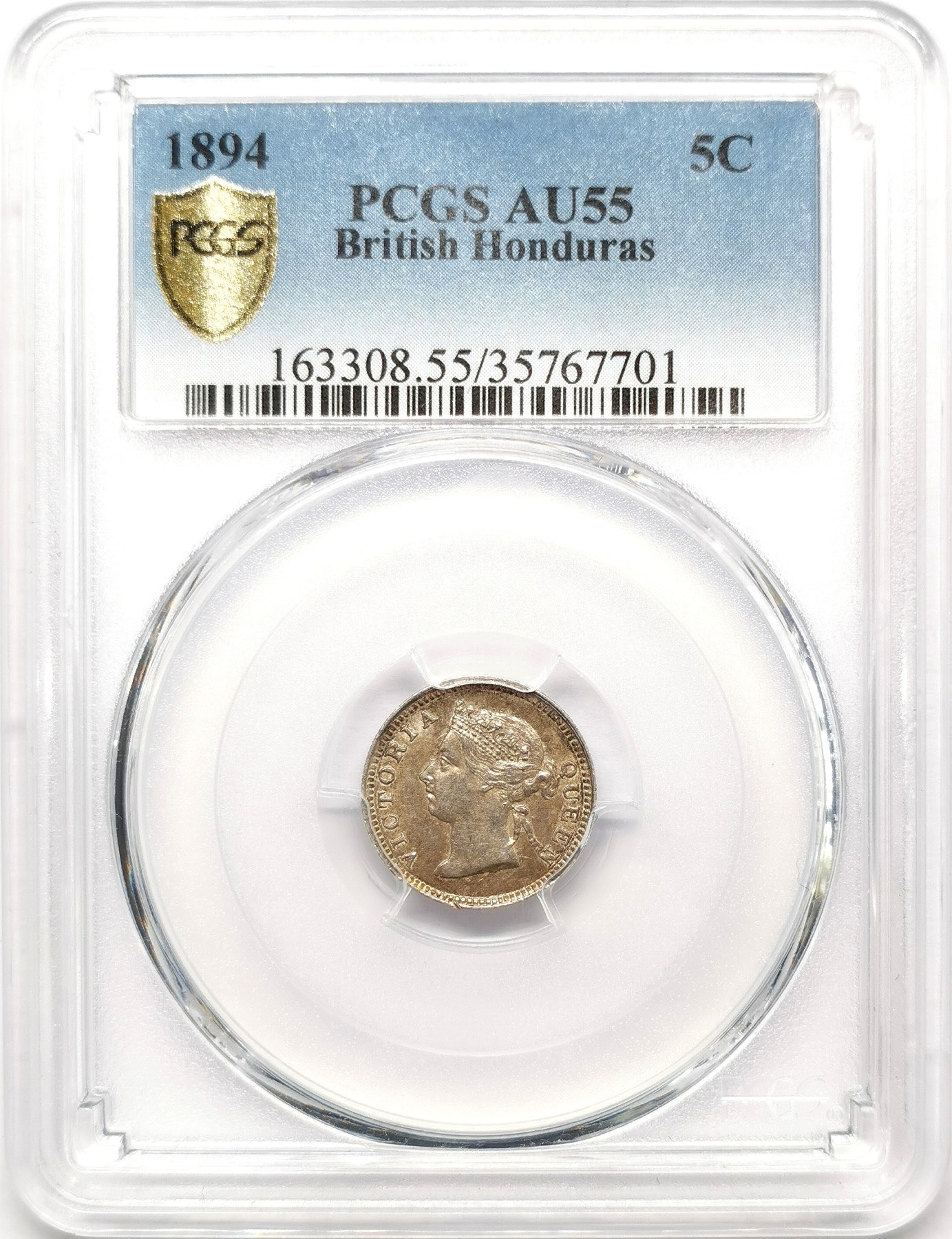 凡希社世界钱币微拍第二百六十三期 1894英属洪都拉斯小维5分银币PCGS-AU55 中美洲沿海地区，没有腐蚀的高品难得！