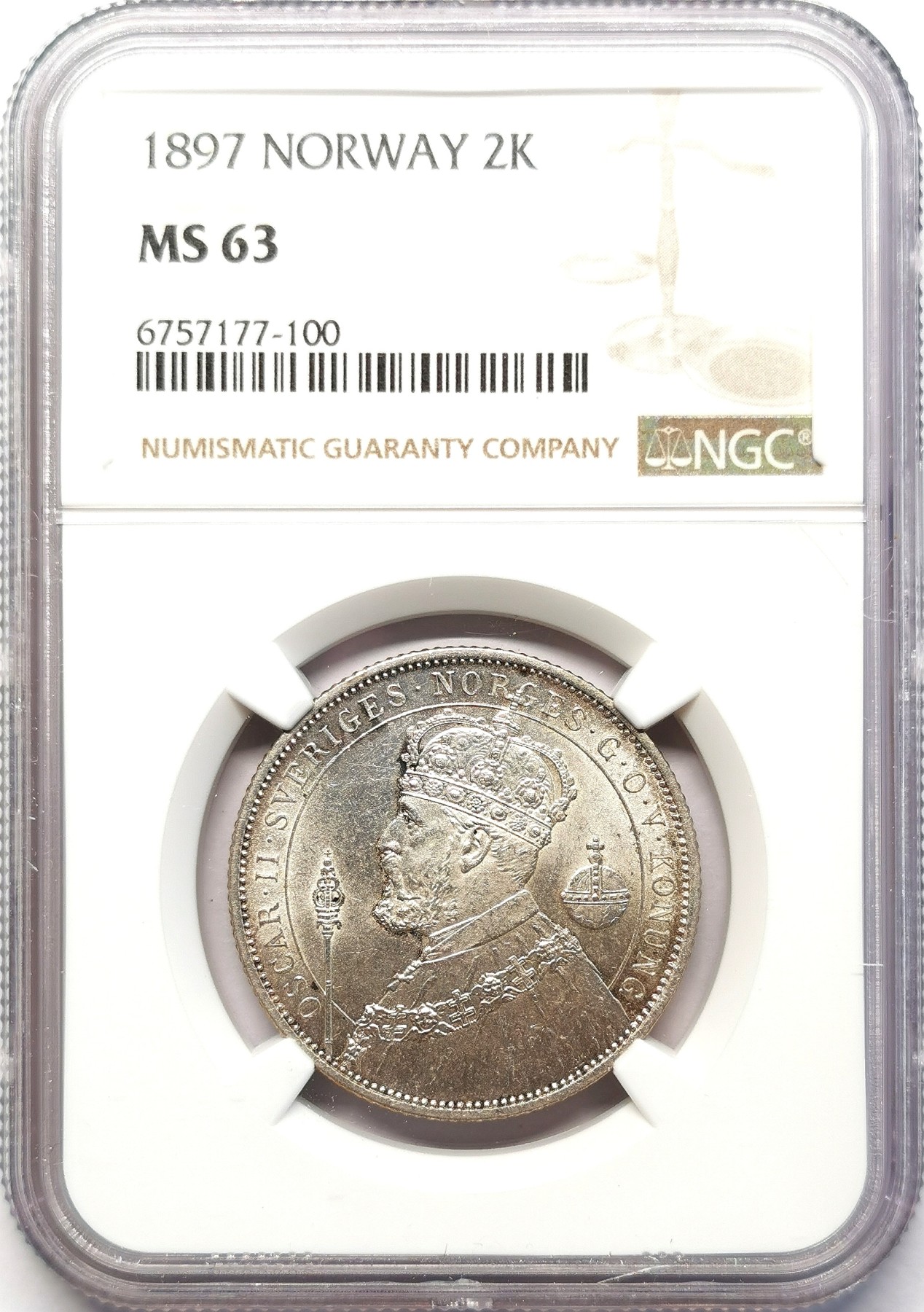 凡希社世界钱币微拍第二百六十三期 1897瑞典奥斯卡二世加冕纪念2克朗NGC-MS63