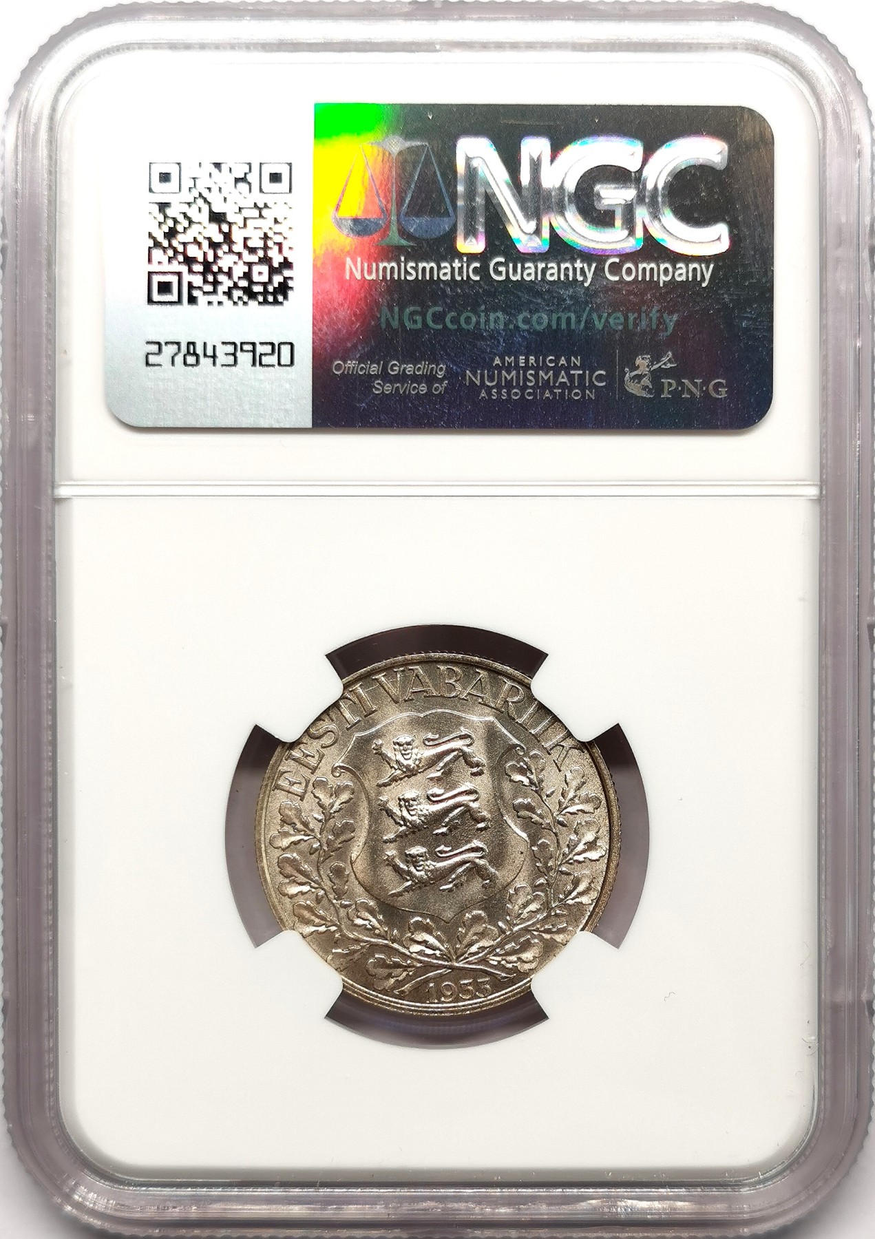 凡希社世界钱币微拍第二百六十三期 1933爱沙尼亚音乐节纪念克朗银币NGC-MS64，这个品种高品现在少见了！