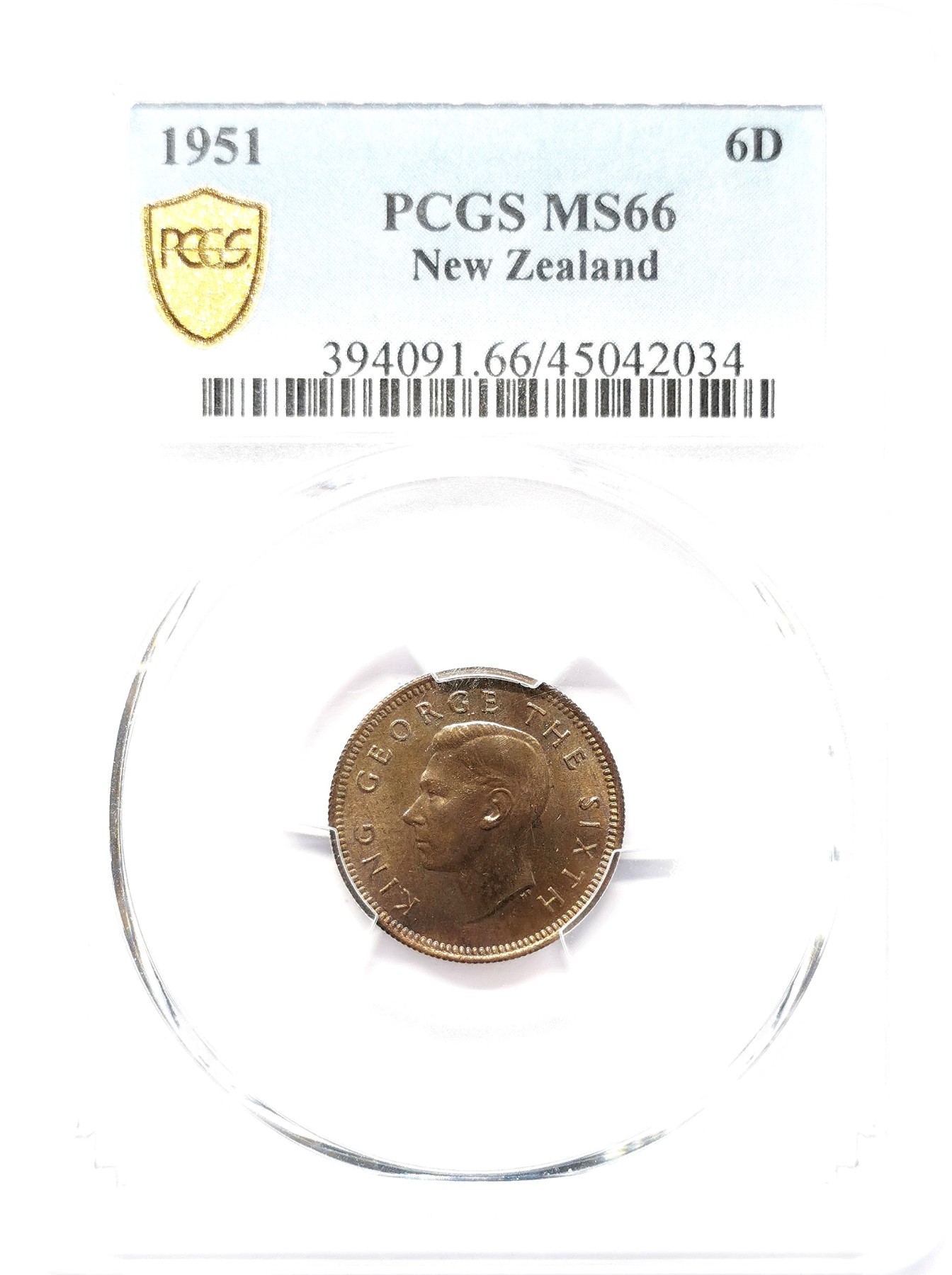 凡希社世界钱币微拍第二百六十三期 1951新西兰乔六6便士PCGS-MS66