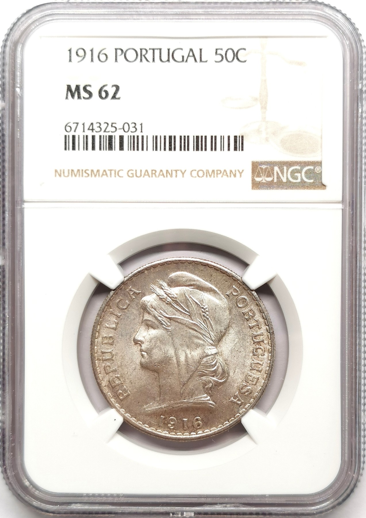 凡希社世界钱币微拍第二百六十三期 1916葡萄牙女神版50分银币NGC-MS62