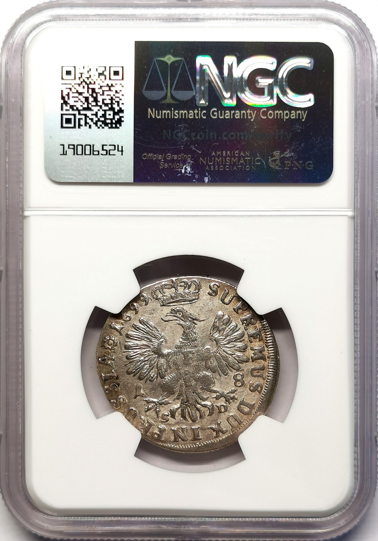 凡希社世界钱币微拍第二百六十三期 1699SG勃兰登堡腓特烈三世18Gro（1/4泰勒）银币NGC-MS63，两年后在柯尼斯堡加冕为首位普鲁士国王的腓特烈三世执剑侧像，柯尼斯堡厂出品，细节一流，原光MS！