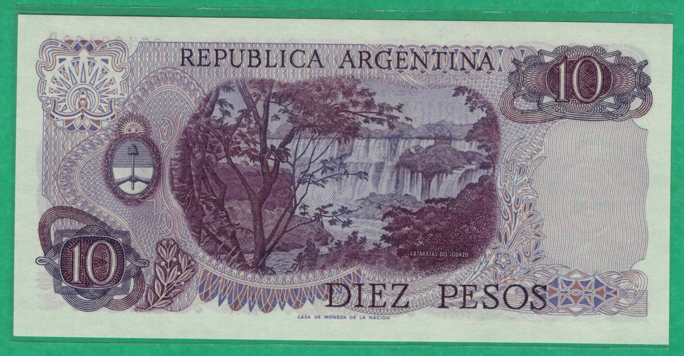 阿根廷1973年至1976年10比索 P-295 D冠 无47 注意签名 美洲纸币 实物图 UNC