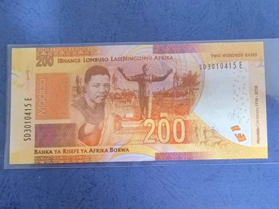 南非2018年200兰特 半塑料 纪念钞 非洲币 实物图 UNC 南非2018年200兰特 半塑料 纪念钞 非洲币 实物图 UNC