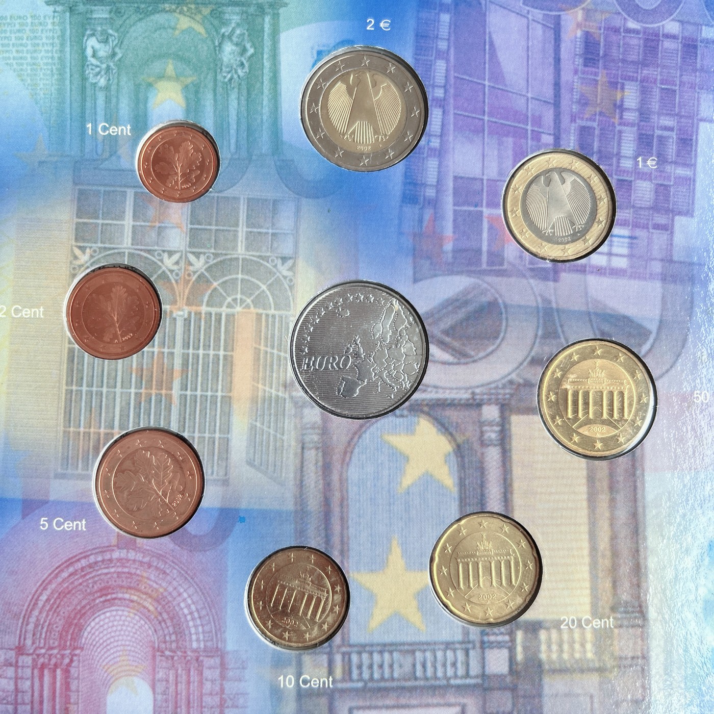 第一海外回流一元起拍收藏 散币专场 第72期 欧洲钱币护照 德国版 2002年首次发行欧洲硬币小全套 共8枚 （1c、2c、5c、10c、20c、50c、1€、2€各1枚）