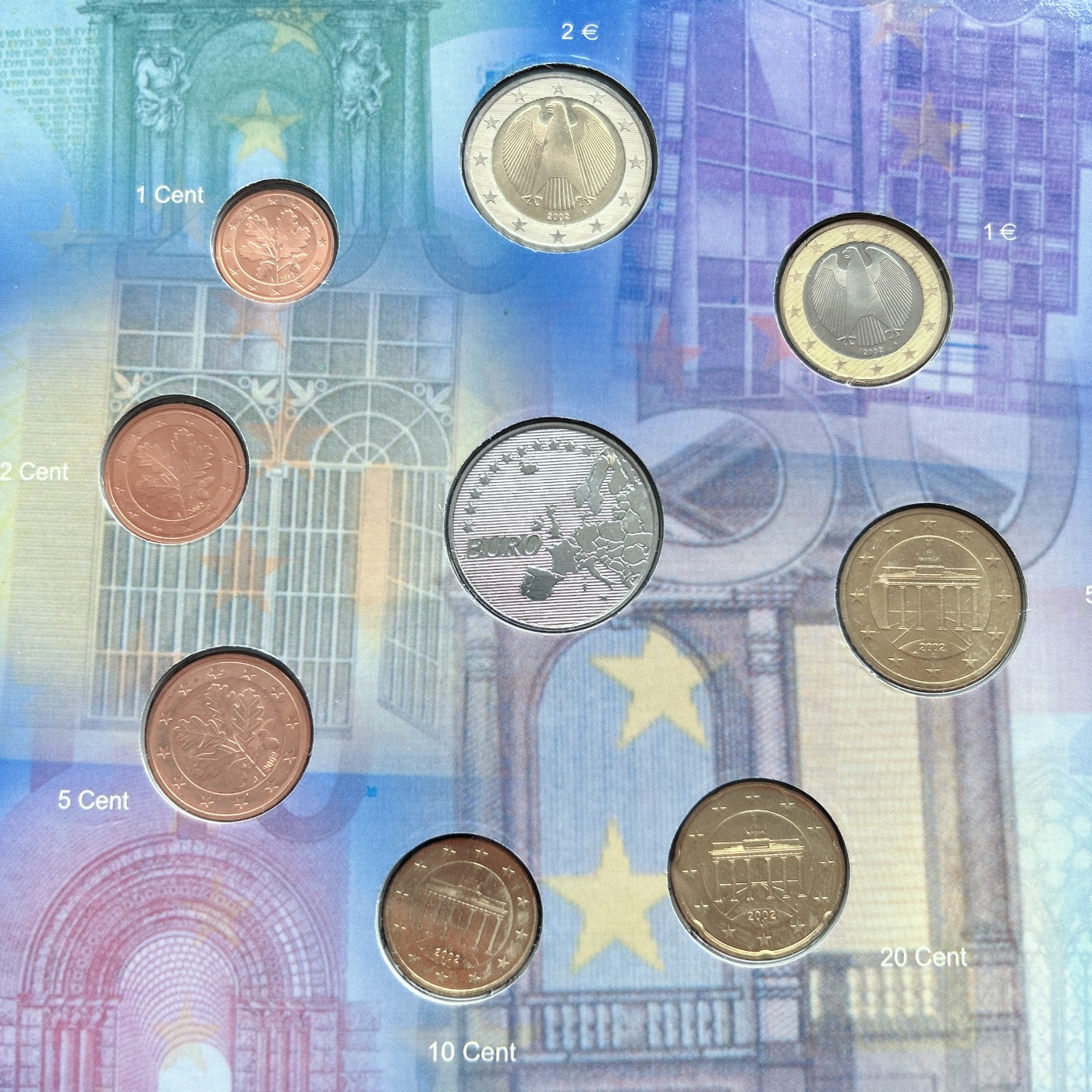 第一海外回流一元起拍收藏 散币专场 第72期 欧洲钱币护照 德国版 2002年首次发行欧洲硬币小全套 共8枚 （1c、2c、5c、10c、20c、50c、1€、2€各1枚）