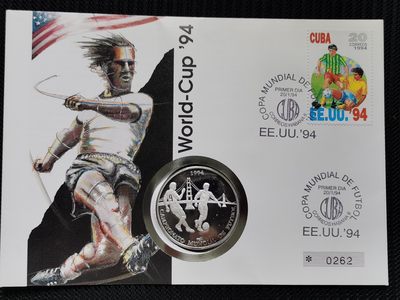 道一币馆币章第四十四场 - 邮币封 古巴1994年美国世界杯10比索精制银币