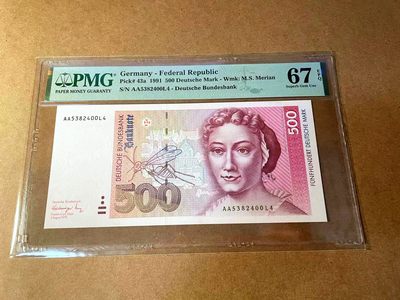 【Blue Auction】✨世界纸币精拍第446期【精】 - 【初版AA冠】德国 1991年500马克 昆虫学家梅里安 PMG67EPQ 高分 