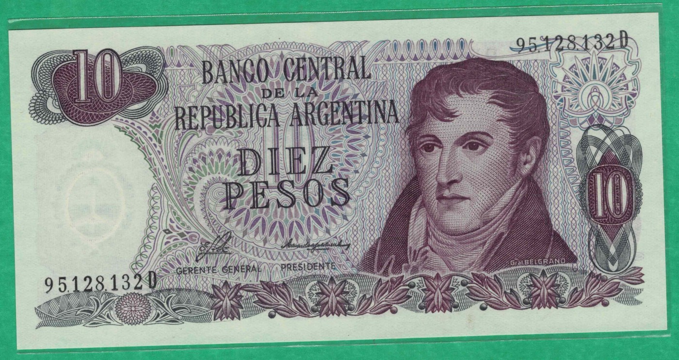 阿根廷1973年至1976年10比索 P-295 D冠 无47 注意签名 美洲纸币 实物图 UNC