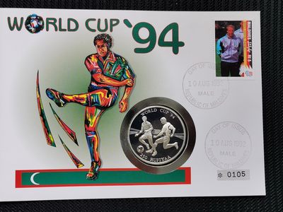 道一币馆币章第四十四场 - 邮币封 马尔代夫1993年美国94年世界杯250拉菲亚精制银币