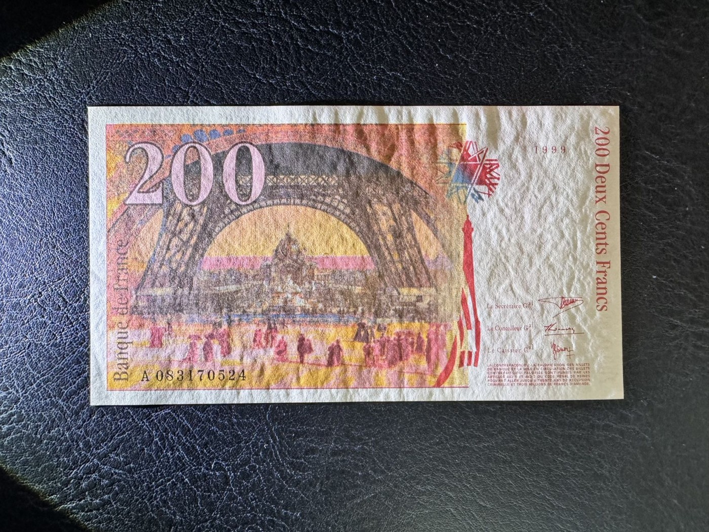 收藏联盟Quantum Auction 第331期拍卖  法国1999年200法郎首发A冠  品相UNC-  埃菲尔铁塔