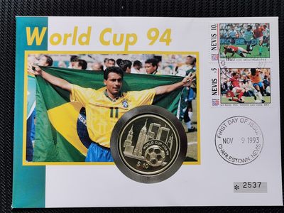 道一币馆币章第四十四场 - 邮币封 东加勒比国家1994年美国世界杯10元精制银币