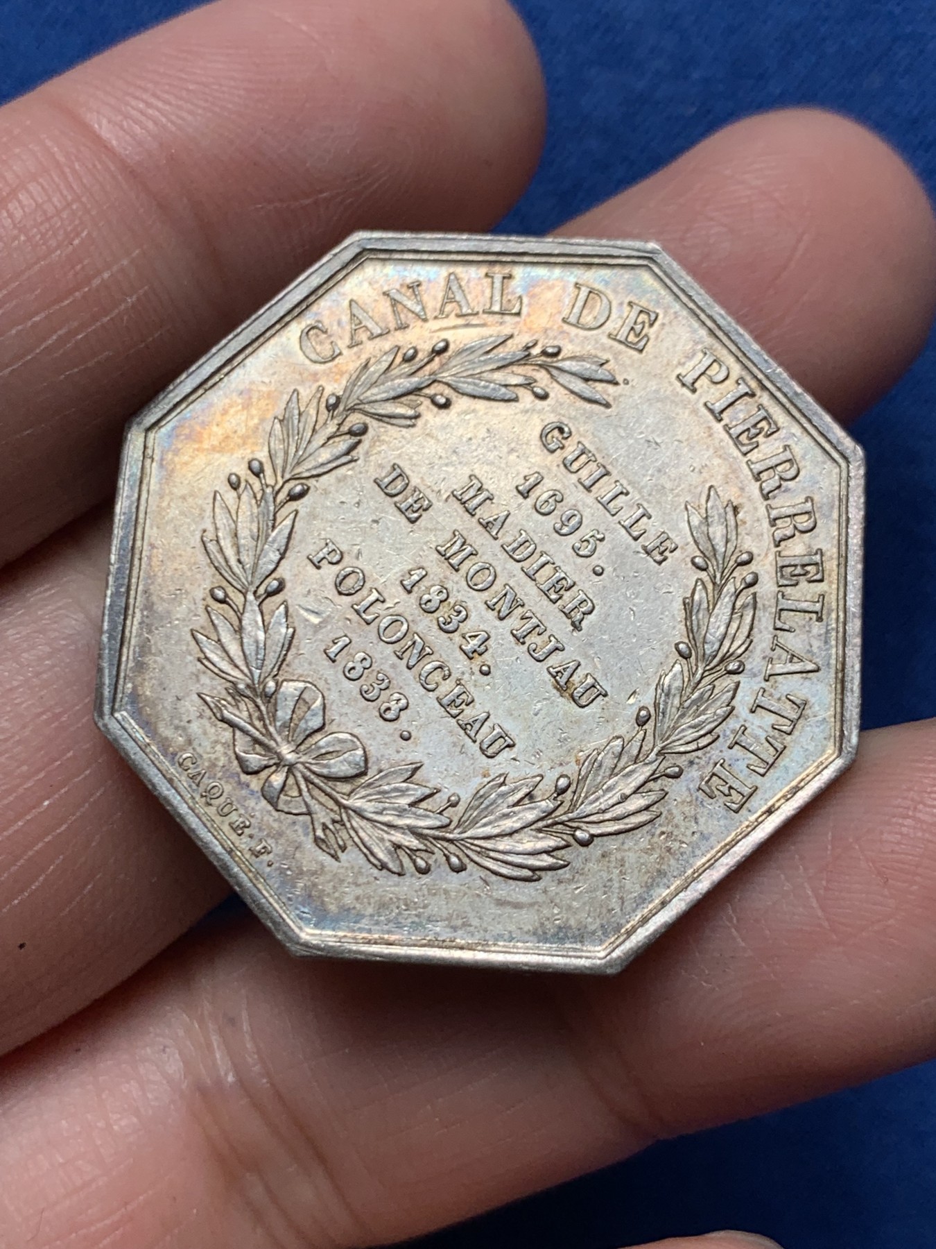 《竞宝斋》第250场-周日，周一 ，周二3场连拍 (全场包邮) 法国JETON银质八角，皮埃尔拉特运河，19.25g，35.1mm，1832-1841年油灯边铭