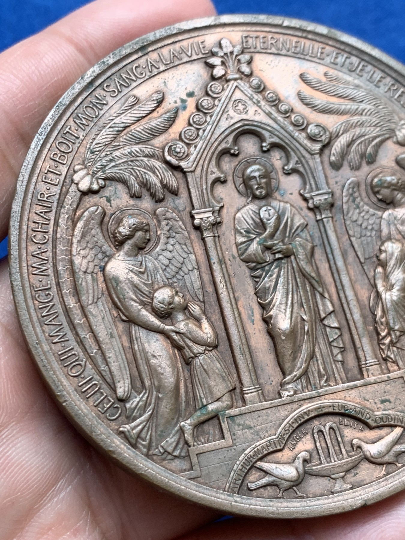 《竞宝斋》第250场-周日，周一 ，周二3场连拍 (全场包邮) 法国1874年洗礼铜章，160.41g，69.5mm，铜标边铭