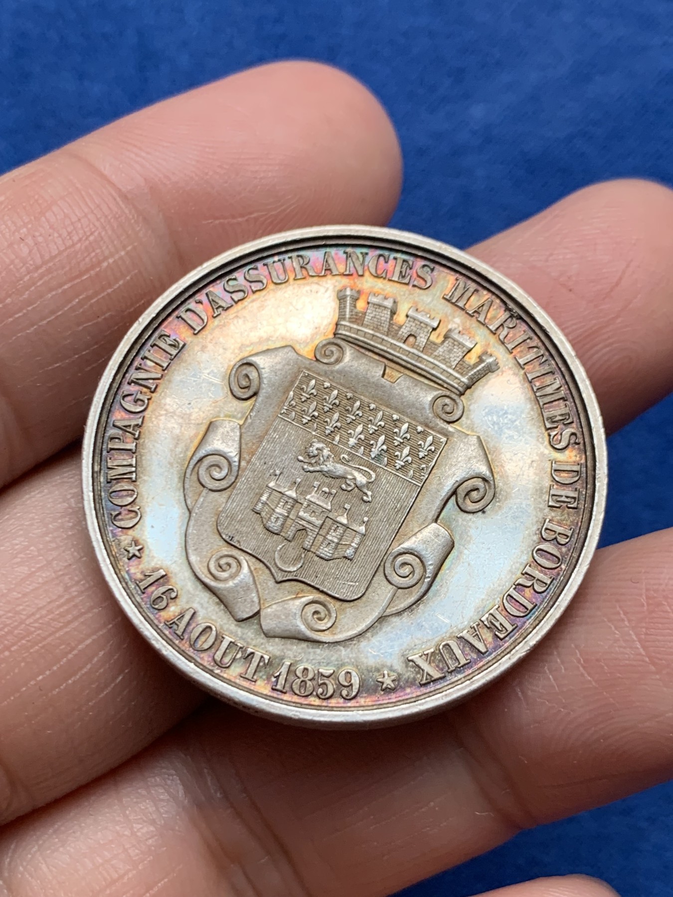 《竞宝斋》第250场-周日，周一 ，周二3场连拍 (全场包邮) 法国波尔多海上保险公司银质jeton，20.29g，35.2mm，蜜蜂边铭，状态非常好