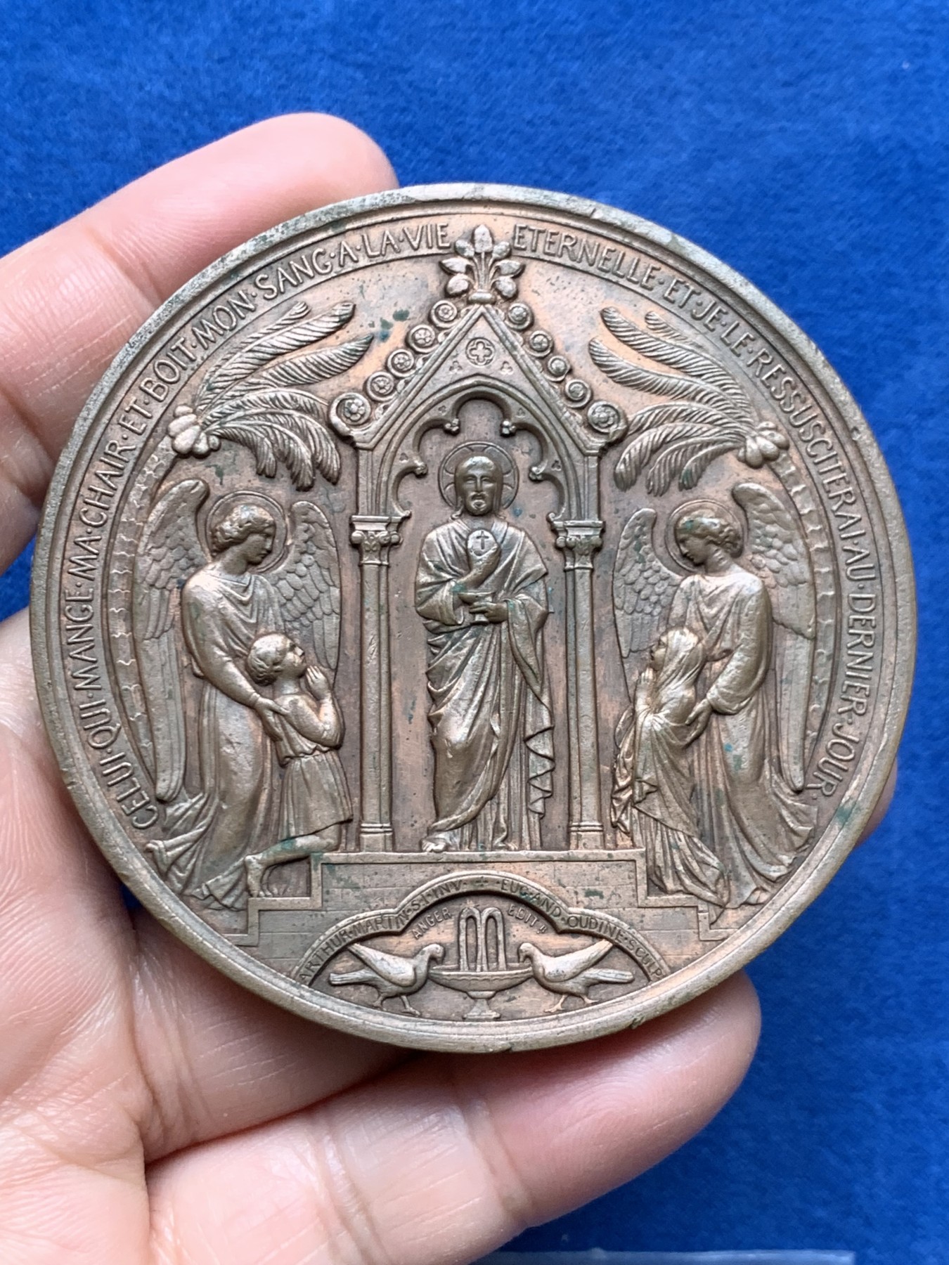 《竞宝斋》第250场-周日，周一 ，周二3场连拍 (全场包邮) 法国1874年洗礼铜章，160.41g，69.5mm，铜标边铭