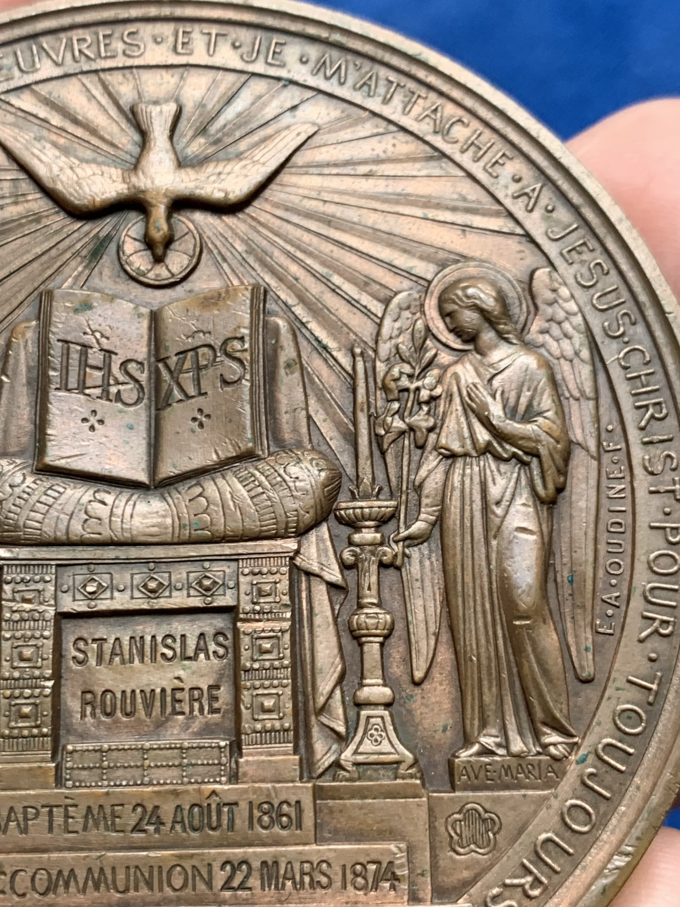 《竞宝斋》第250场-周日，周一 ，周二3场连拍 (全场包邮) 法国1874年洗礼铜章，160.41g，69.5mm，铜标边铭