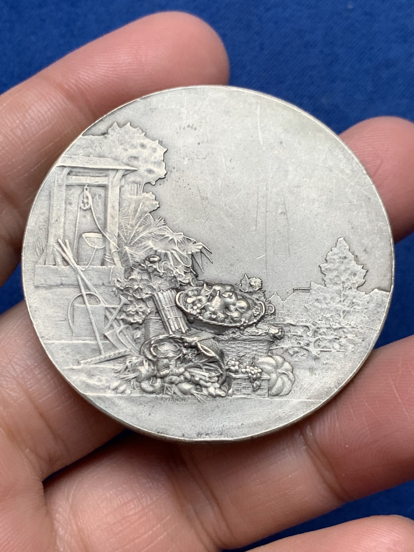 《竞宝斋》第250场-周日，周一 ，周二3场连拍 (全场包邮) 法国园艺白铜奖章，46.86g，46.8mm，边铭maillechort（白铜）