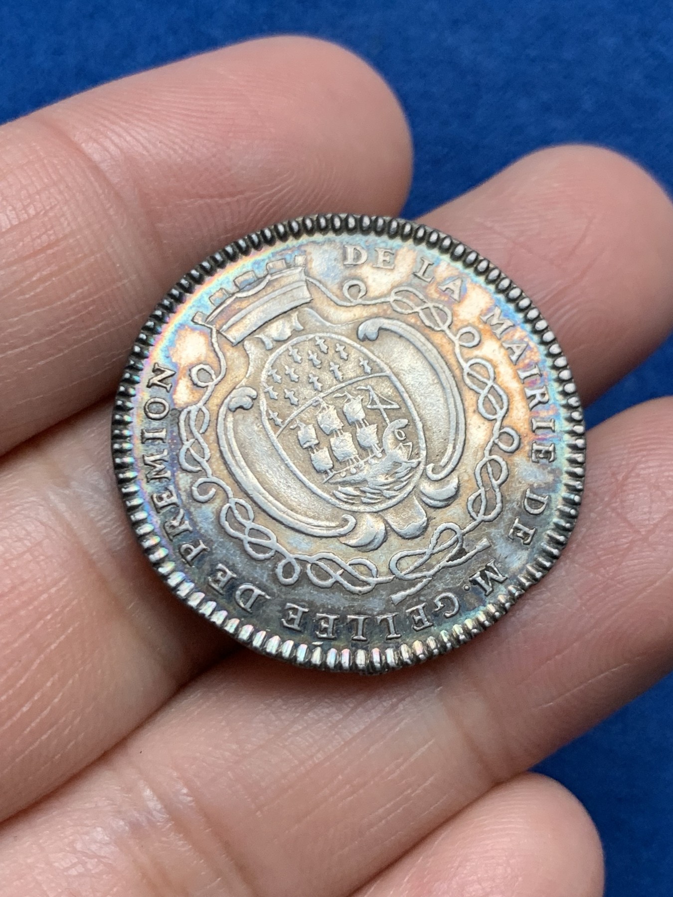 《竞宝斋》第250场-周日，周一 ，周二3场连拍 (全场包邮) 法国1776年南特市市长让-巴蒂斯特·盖莱的徽章银质代币，7.17g，29.2mm，早期齿边原铸