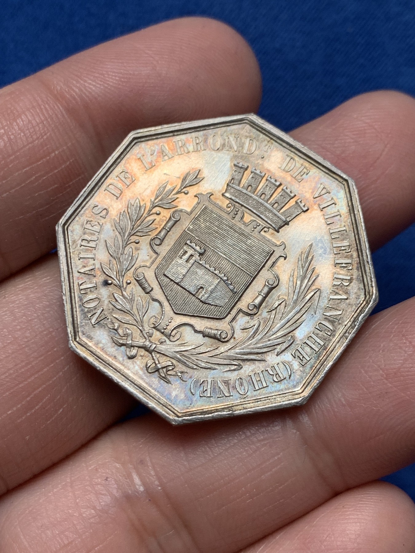 《竞宝斋》第250场-周日，周一 ，周二3场连拍 (全场包邮) 法国八角银质代币，罗纳公证处，16.56g，33.2mm，手指边铭