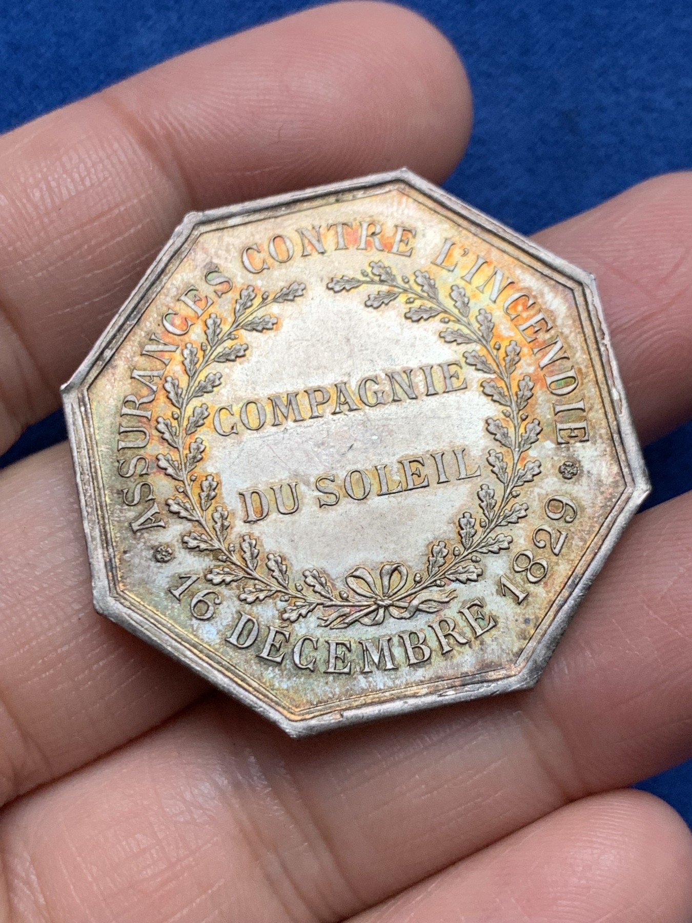 《竞宝斋》第250场-周日，周一 ，周二3场连拍 (全场包邮) 法国八角银质jeton代币，太阳保险公司，太阳神阿波罗，20.99g，37.5mm，丰饶角边铭，五彩包浆