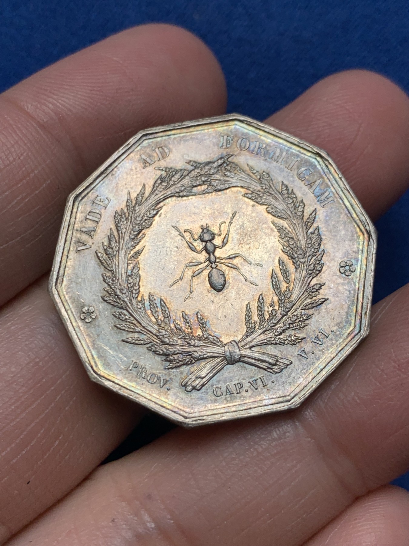 《竞宝斋》第250场-周日，周一 ，周二3场连拍 (全场包邮) 法国十角银质jeton代币，里昂储蓄银行，铭文“如蚂蚁般一点点储蓄”，15.42g，32.7mm，丰饶角边铭