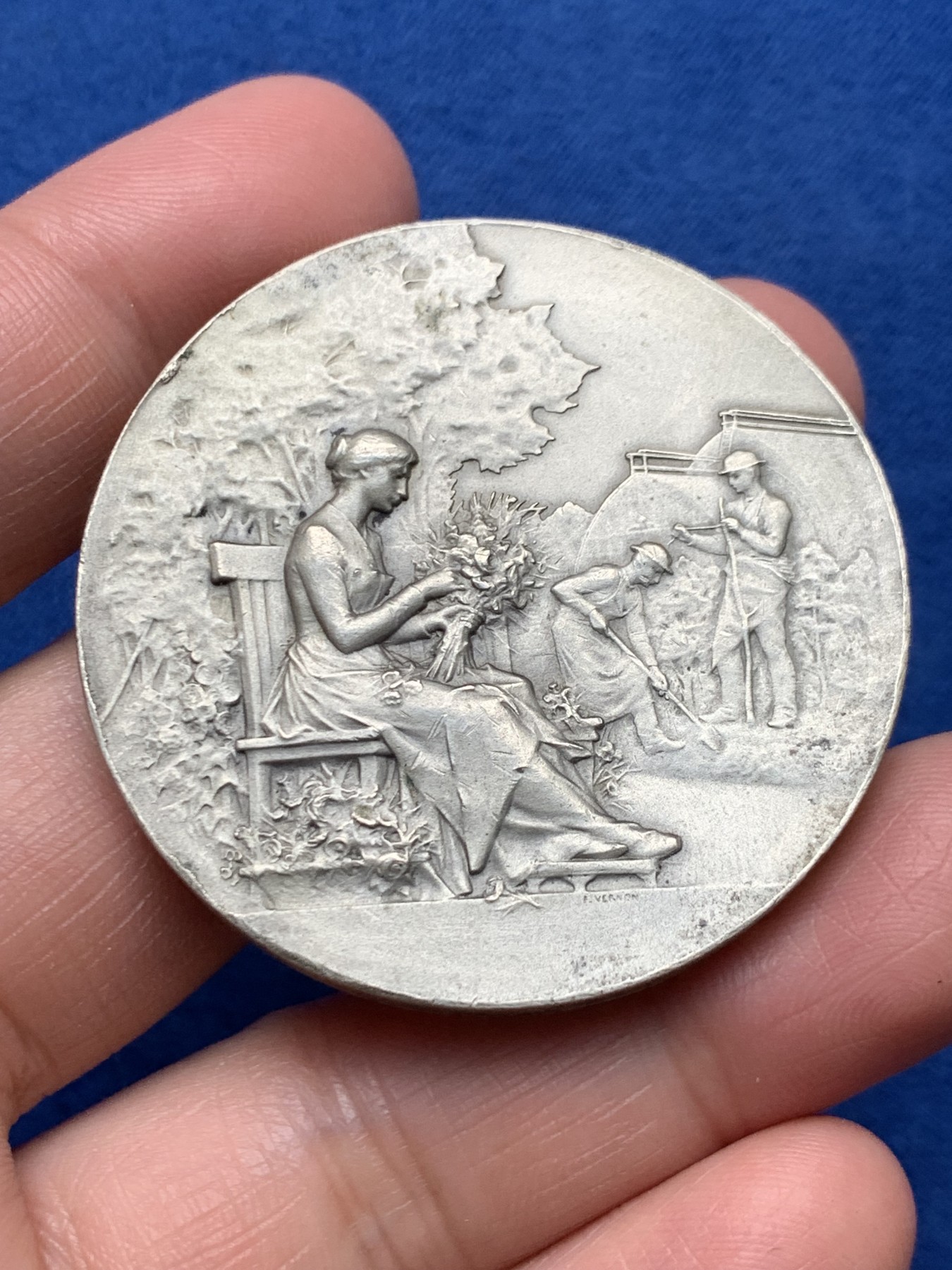 《竞宝斋》第250场-周日，周一 ，周二3场连拍 (全场包邮) 法国园艺白铜奖章，46.86g，46.8mm，边铭maillechort（白铜）