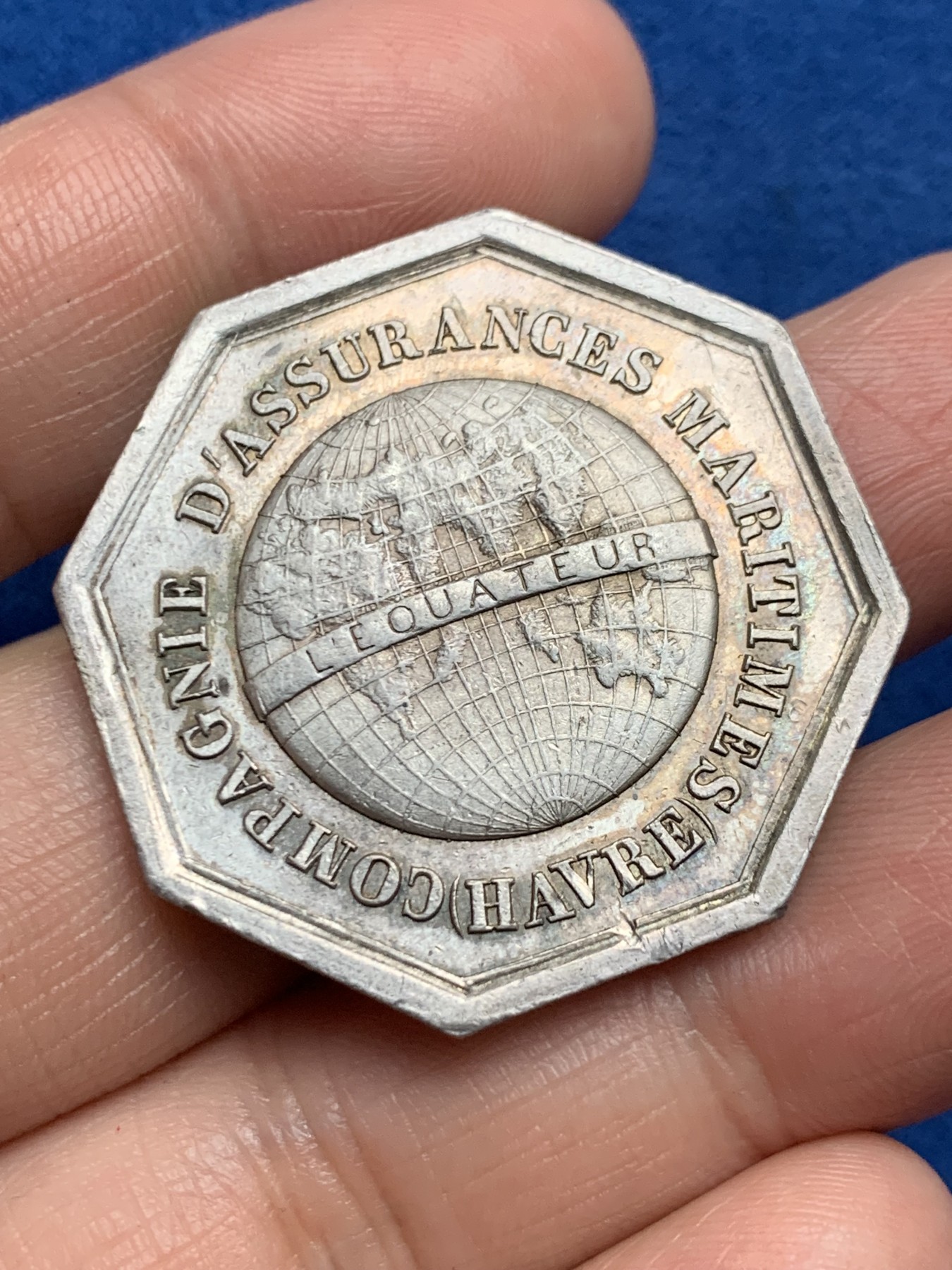 《竞宝斋》第250场-周日，周一 ，周二3场连拍 (全场包邮) 法国JETON银质八角，1860年勒阿弗尔海上保险公司，19.11g，35.4mm，1845-1860年手指边铭