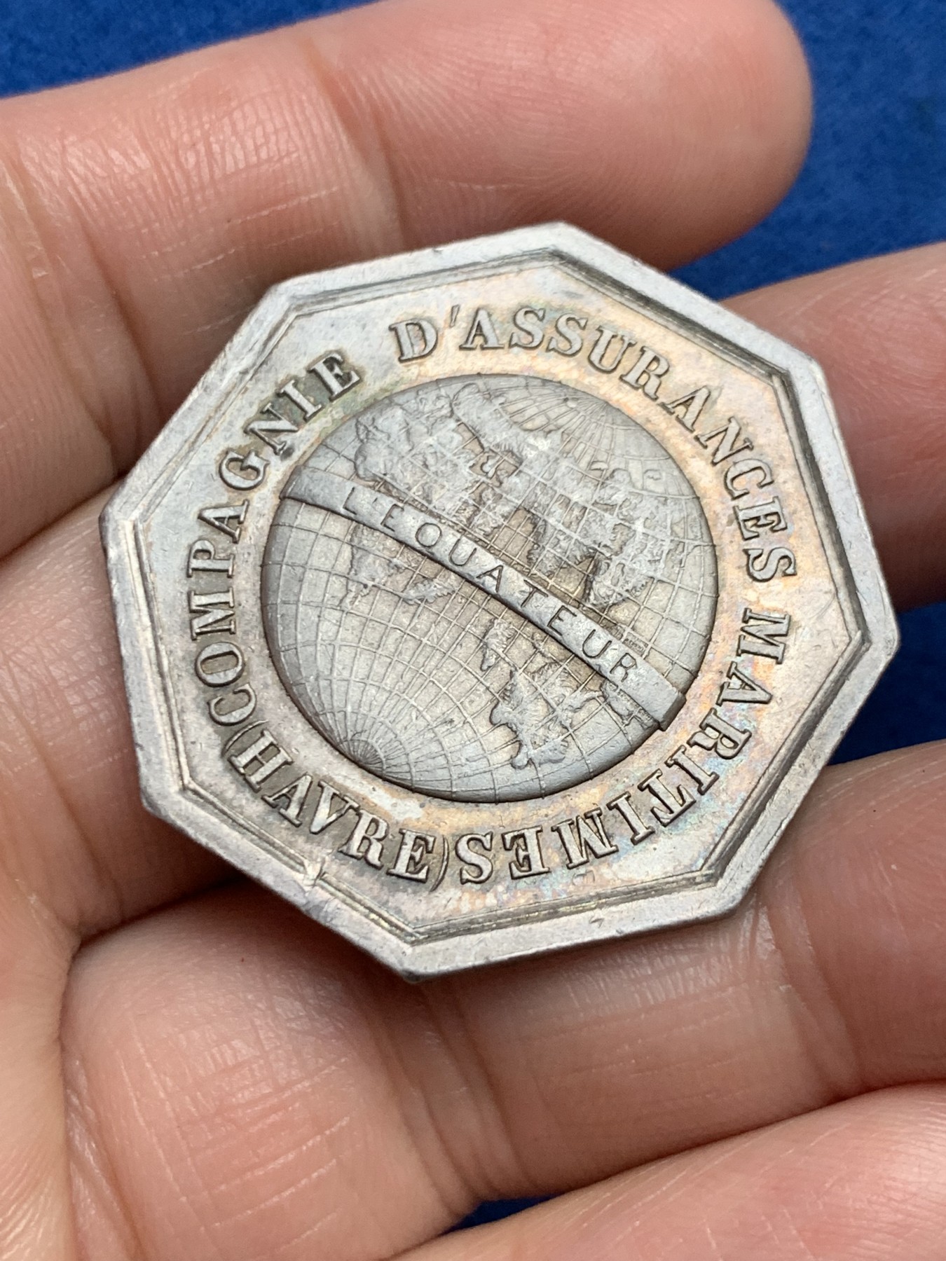 《竞宝斋》第250场-周日，周一 ，周二3场连拍 (全场包邮) 法国JETON银质八角，1860年勒阿弗尔海上保险公司，19.11g，35.4mm，1845-1860年手指边铭