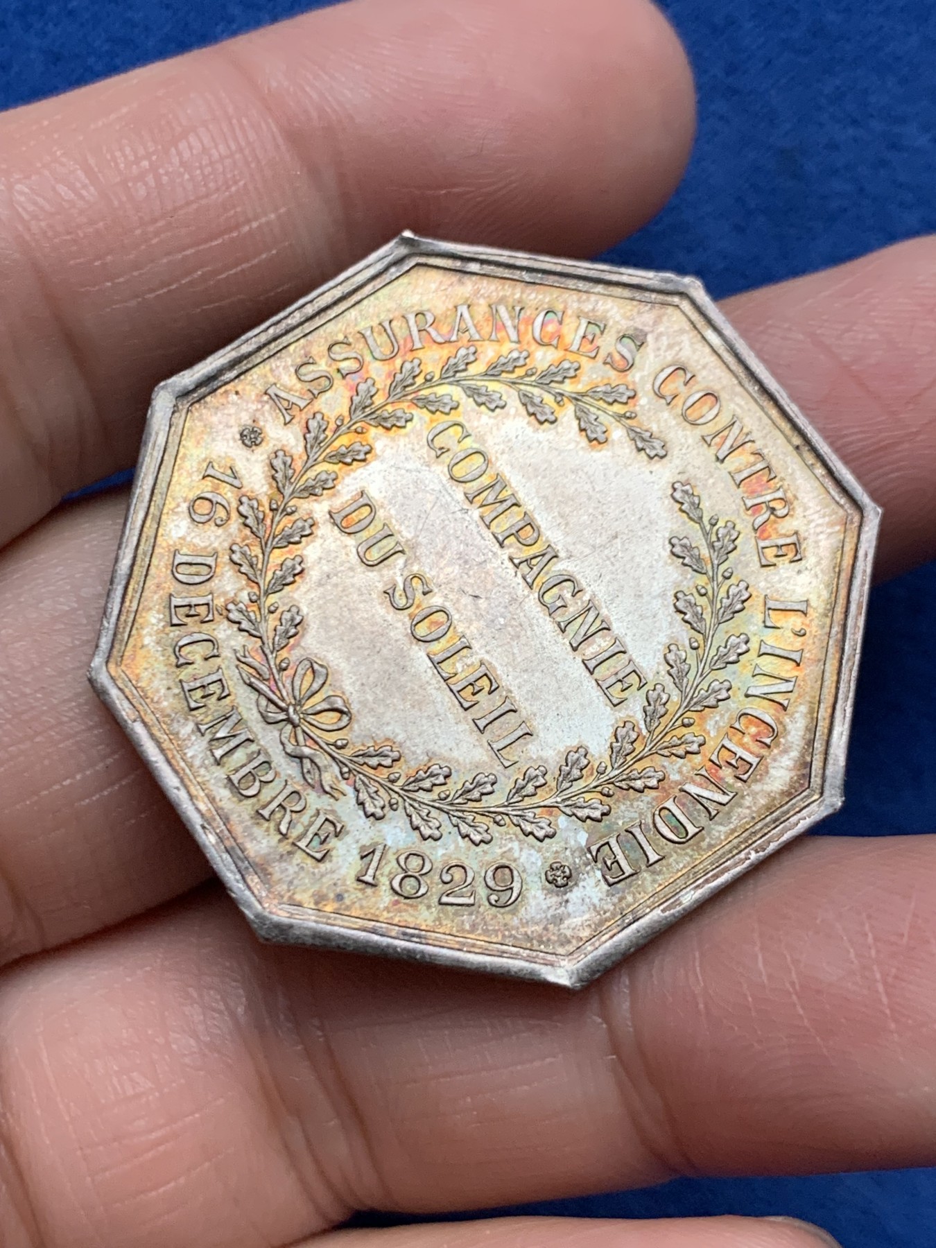 《竞宝斋》第250场-周日，周一 ，周二3场连拍 (全场包邮) 法国八角银质jeton代币，太阳保险公司，太阳神阿波罗，20.99g，37.5mm，丰饶角边铭，五彩包浆