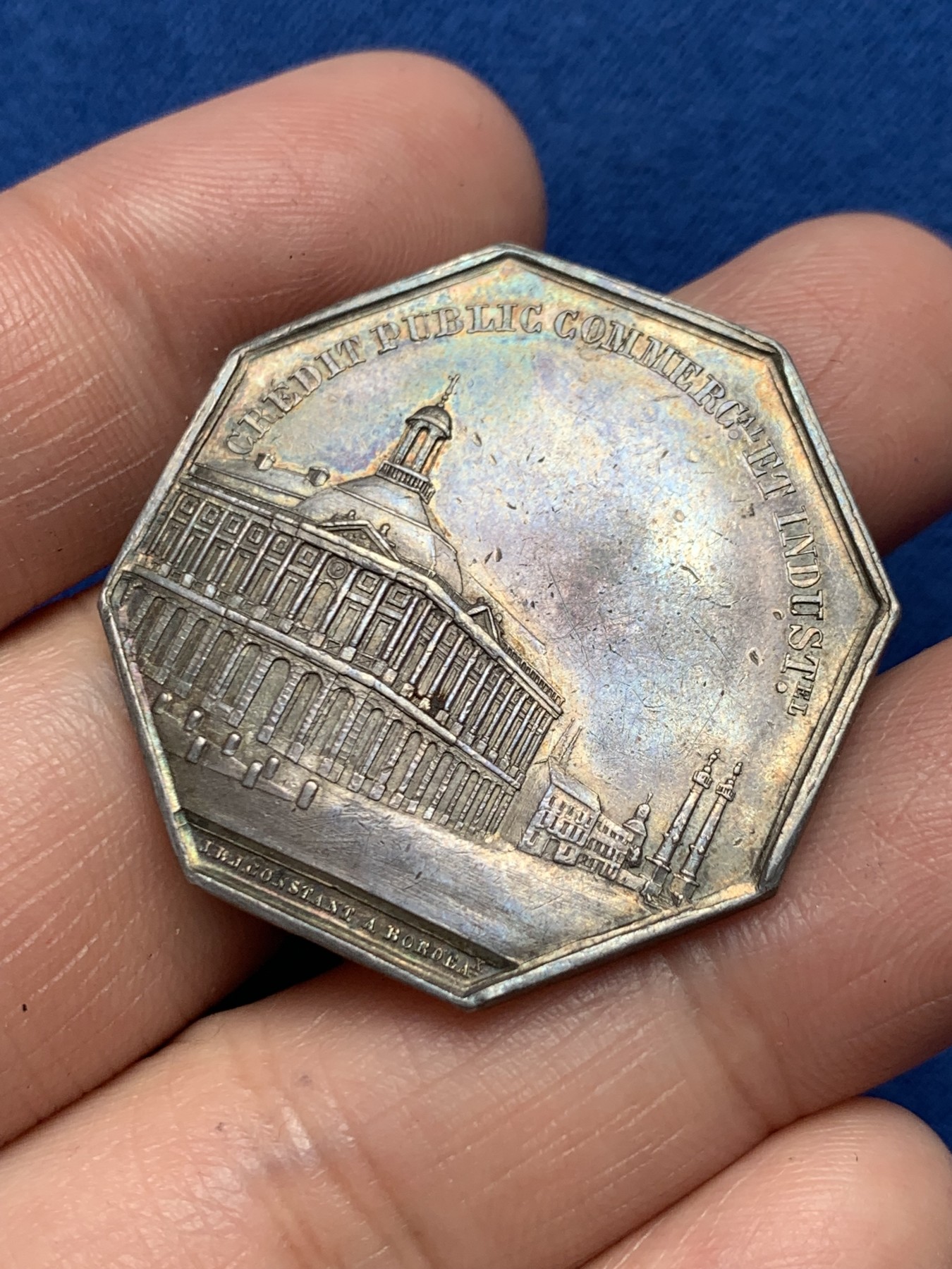 《竞宝斋》第250场-周日，周一 ，周二3场连拍 (全场包邮) 法国波尔多证券交易所八角银质代币，17.81g，34.3mm，手指边铭