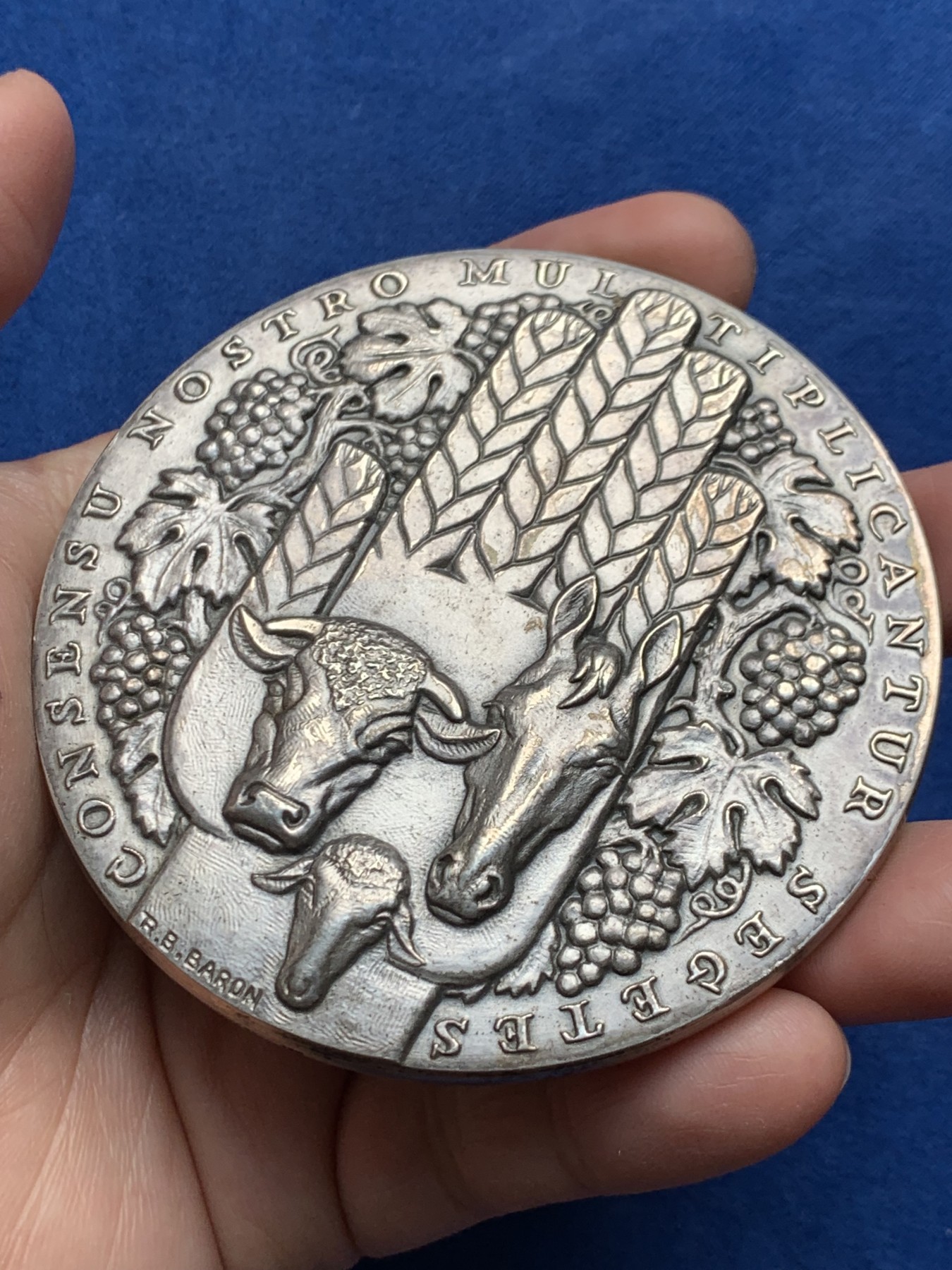 《竞宝斋》第250场-周日，周一 ，周二3场连拍 (全场包邮) 法国欧洲农业互助信贷银行镀银铜章，291.81g，82mm，丰饶角铜标边铭