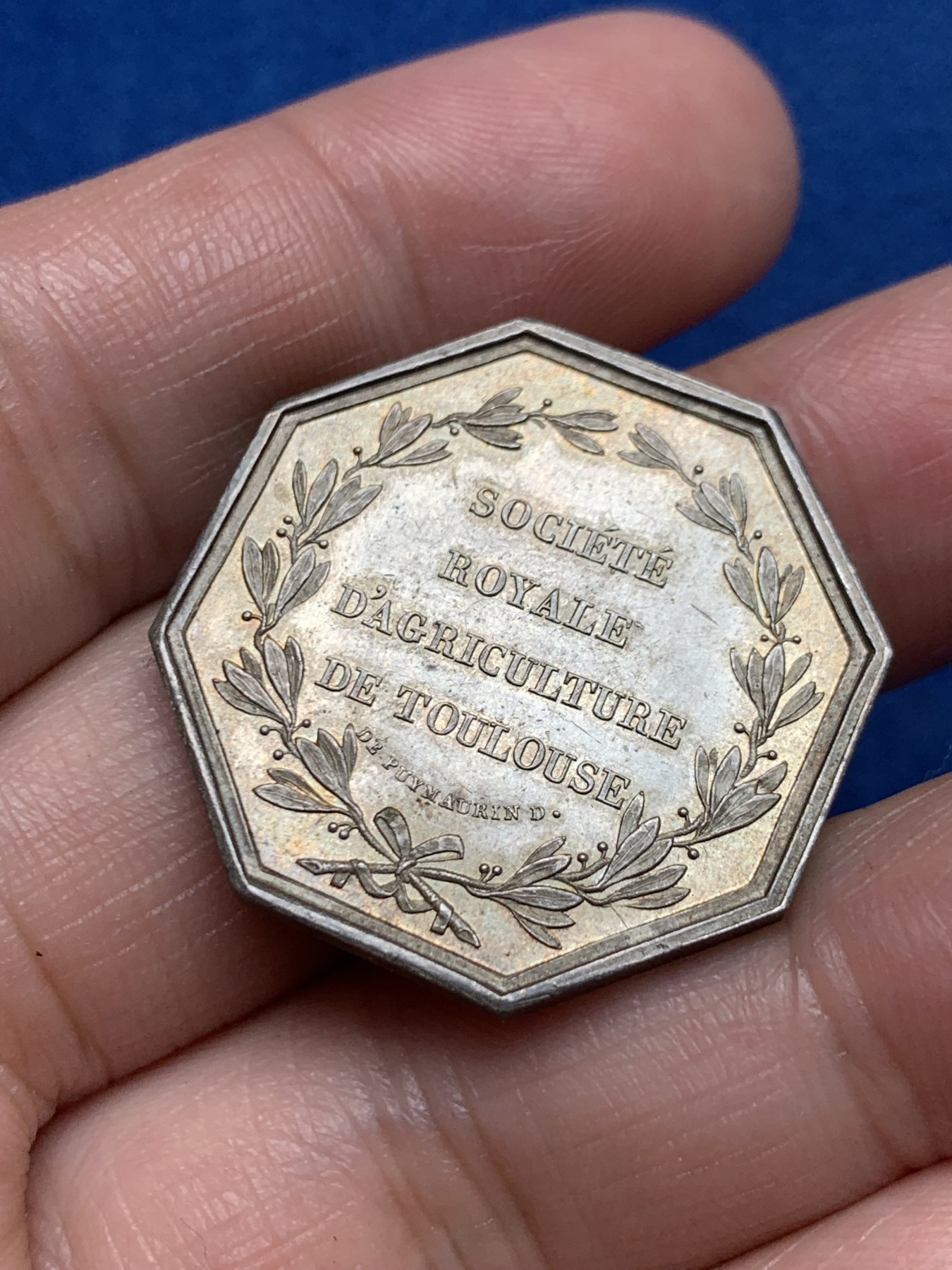 《竞宝斋》第250场-周日，周一 ，周二3场连拍 (全场包邮) 法国八角银质代币，图卢兹农业、园艺、渔业、狩猎和皇家农业学会，11.69g，29.6mm，早期无边铭