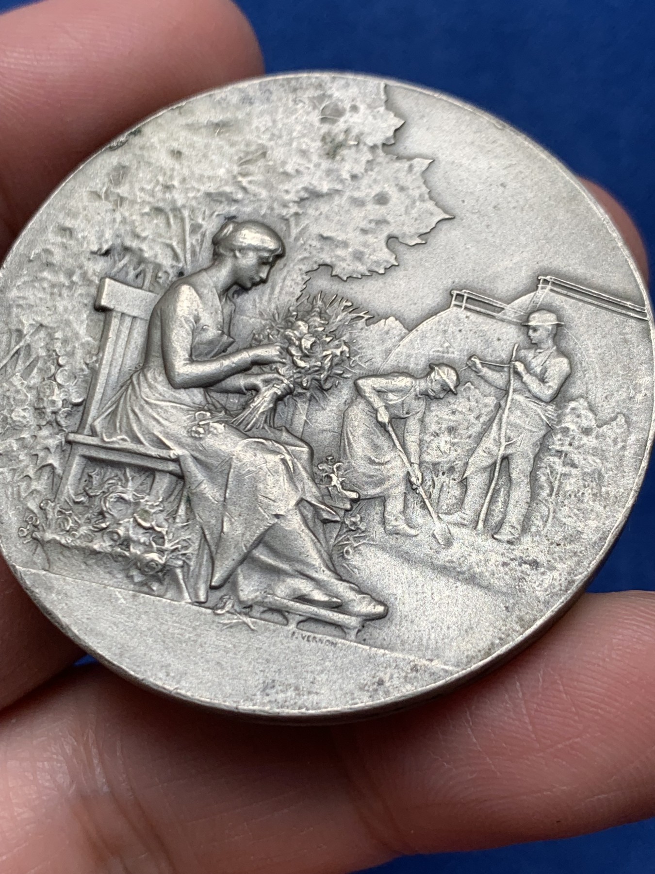 《竞宝斋》第250场-周日，周一 ，周二3场连拍 (全场包邮) 法国园艺白铜奖章，46.86g，46.8mm，边铭maillechort（白铜）