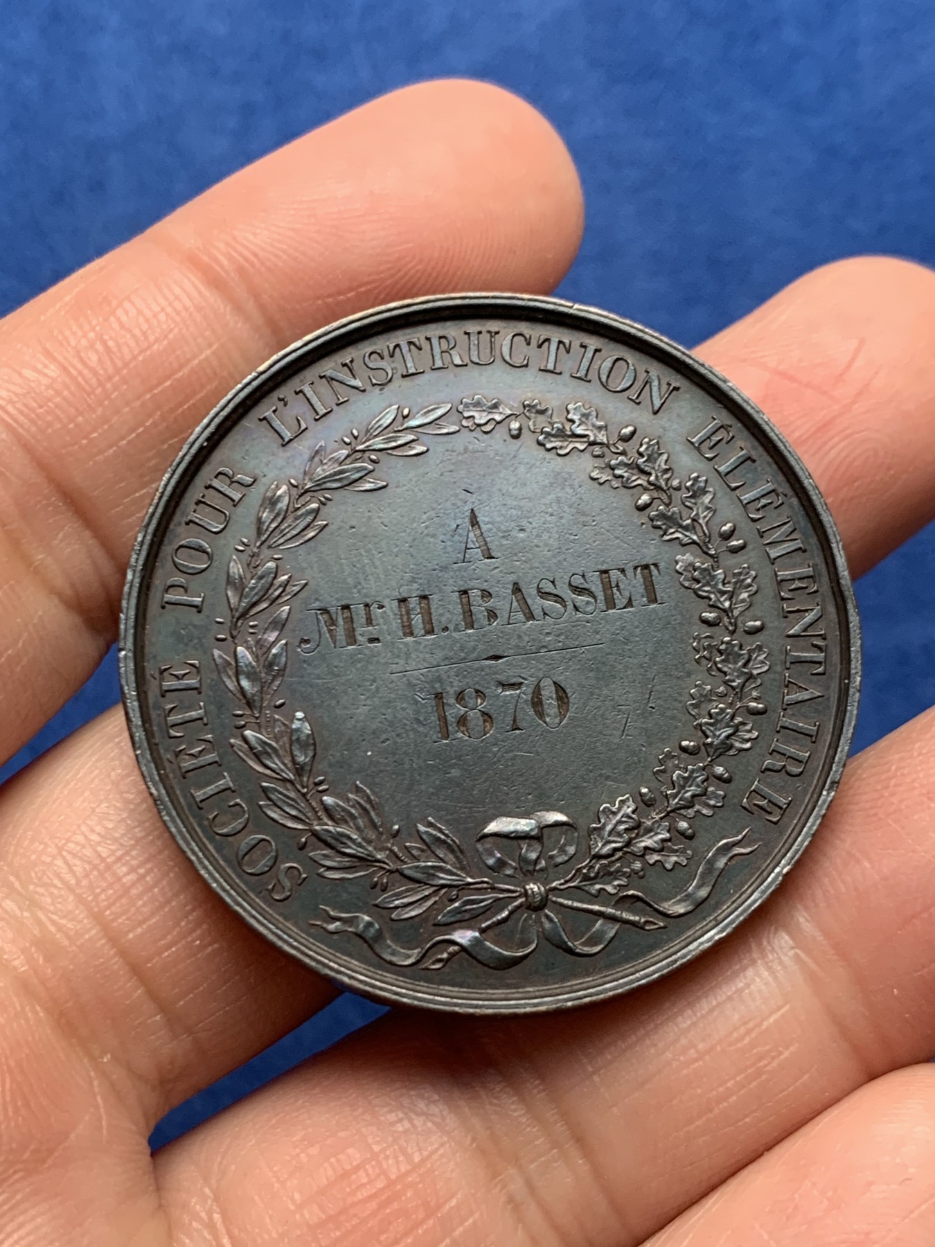 《竞宝斋》第250场-周日，周一 ，周二3场连拍 (全场包邮) 法国基础教育协会铜章，34.86g，41.3mm，蜜蜂+铜标边铭，有轻磕