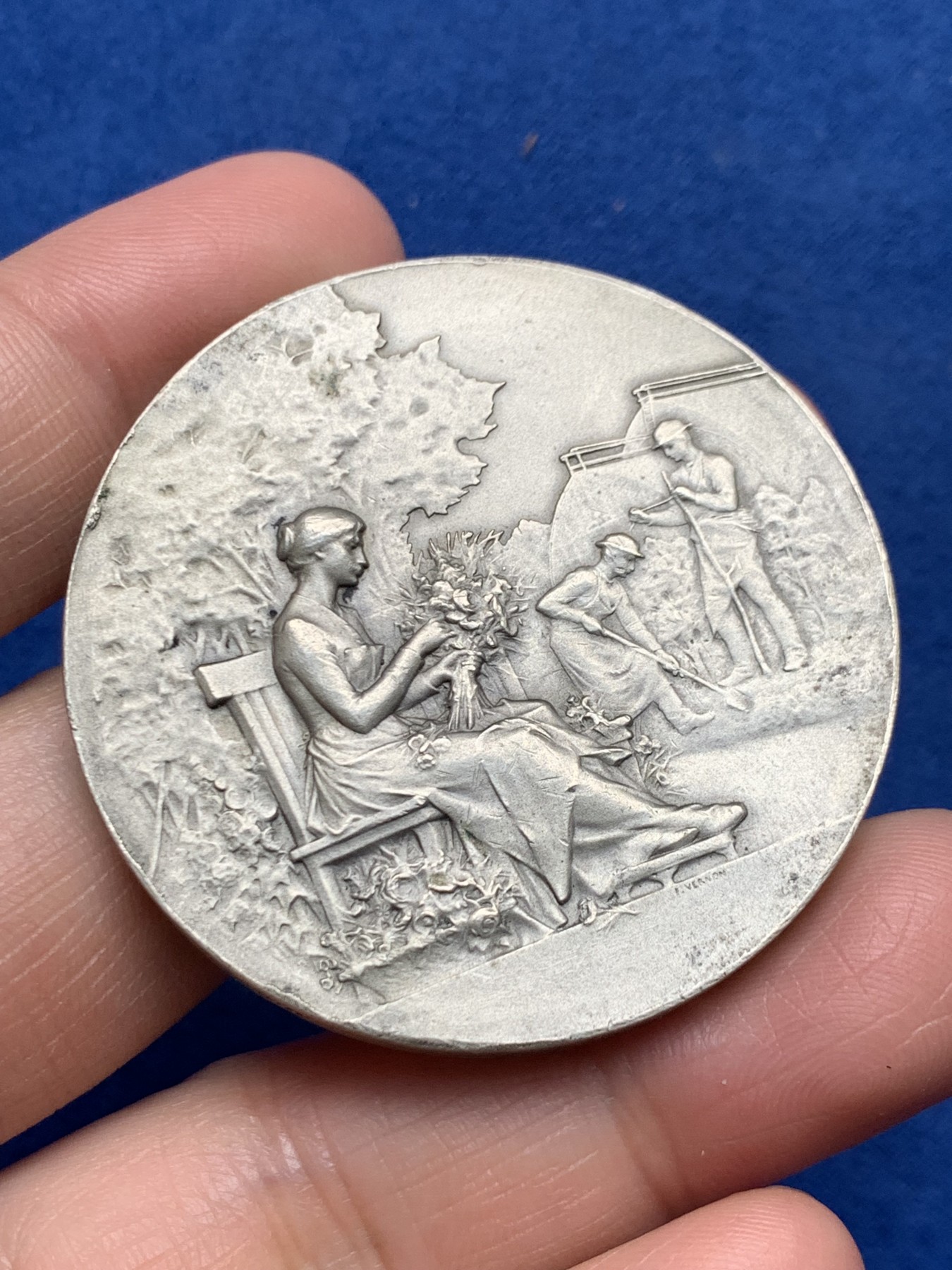 《竞宝斋》第250场-周日，周一 ，周二3场连拍 (全场包邮) 法国园艺白铜奖章，46.86g，46.8mm，边铭maillechort（白铜）